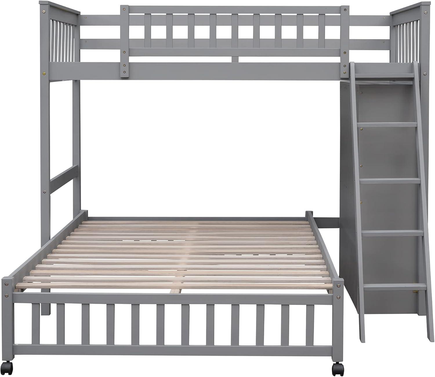 Harper & Bright Designs Twin Over Full Bunk Bed with Storage, Solid Wood Bunk Bed with 6 Drawers and 3 Flexible Shelves, Movable Bottom Bed with Wheels, for Kids Teens Adults (Gray)