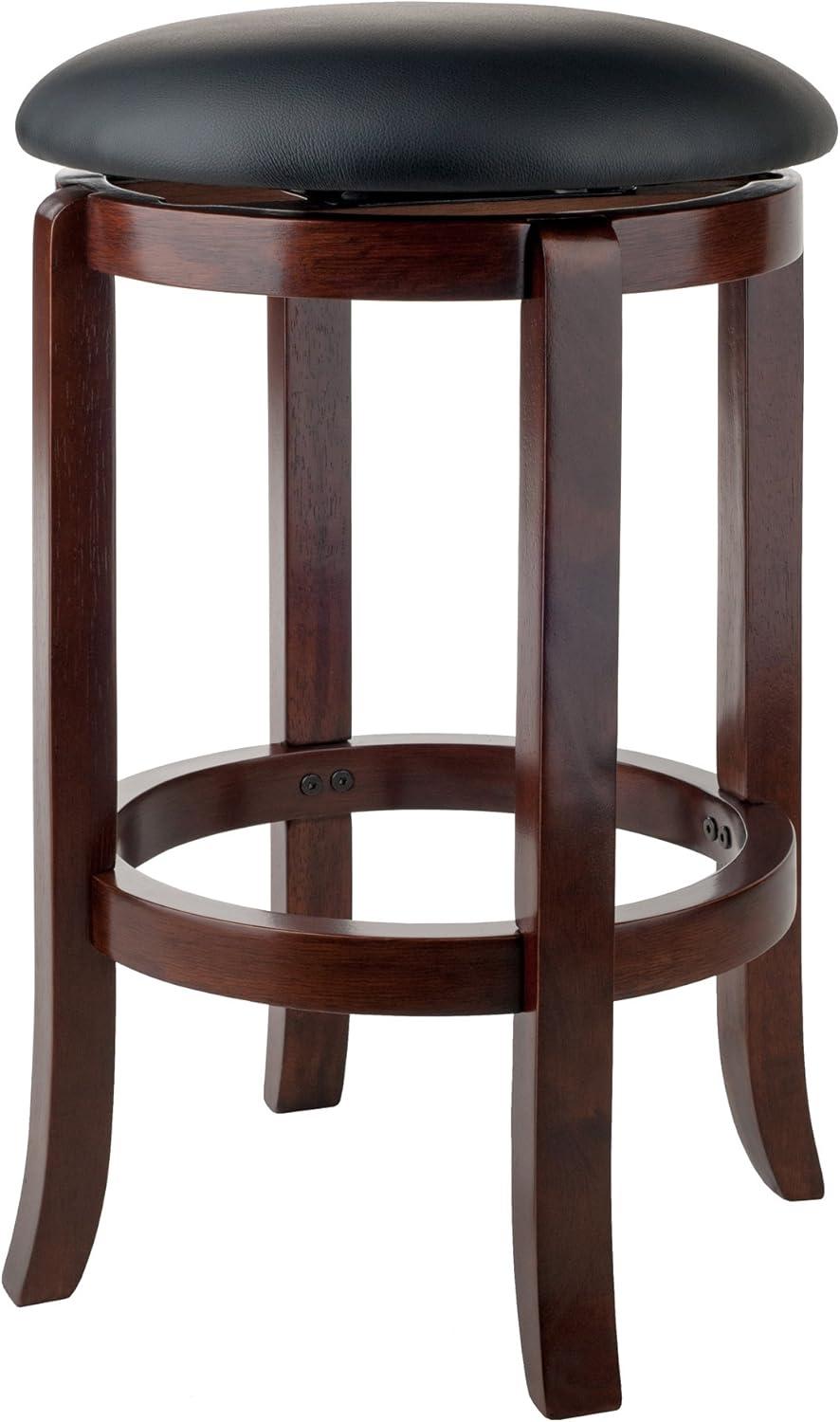 Winsome Walcott 24" Transitional Black Leather and Walnut Wood Swivel Barstool