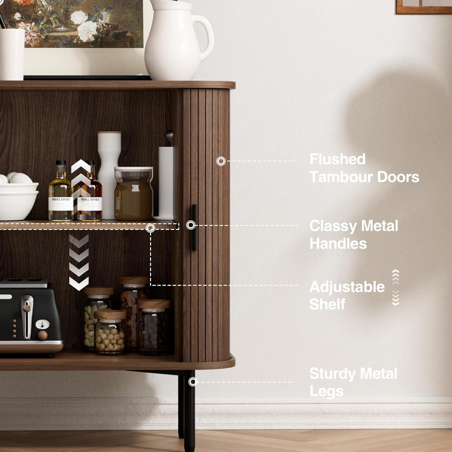 31''W Walnut Buffet Sideboard Cabinet with Storage, Fluted Accent Storage Cabinet with Curvy Edge, Sliding Door, Freestanding Credenza, Console Table for Living Room, Kitchen, Hallway