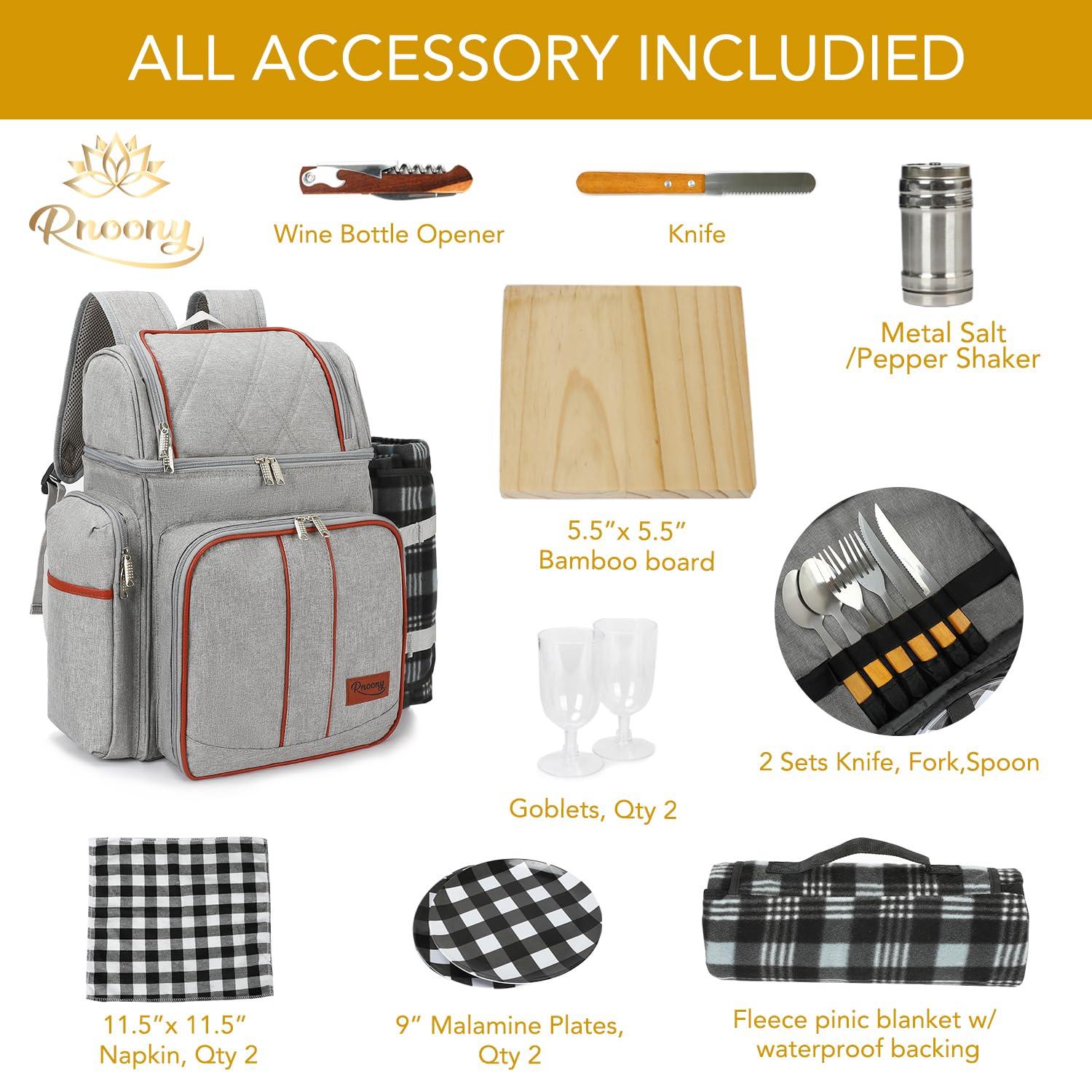 Gray Insulated Picnic Backpack with Blanket and Cutlery Set
