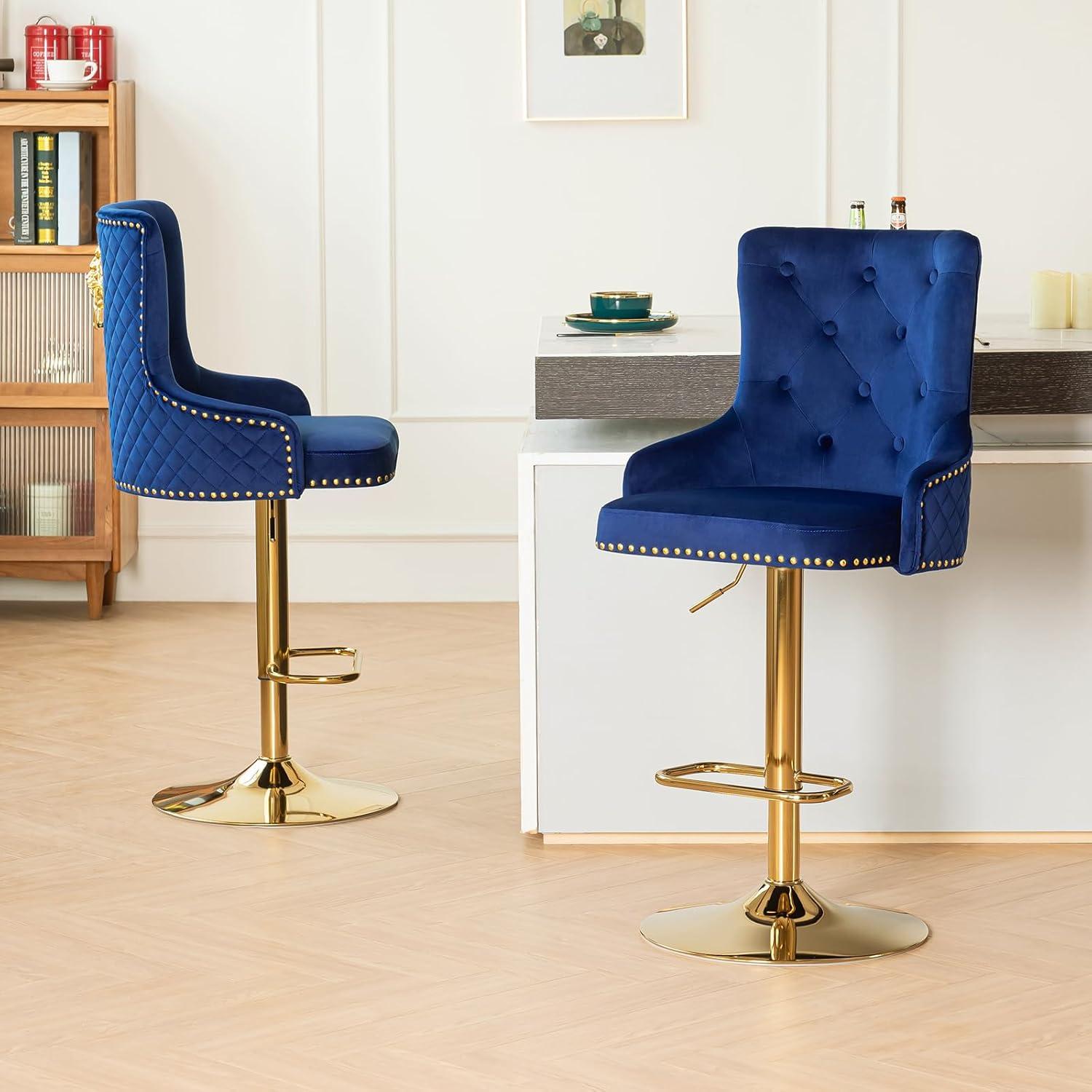 Blue Velvet Adjustable Swivel Bar Stools with Gold Base, Set of 2