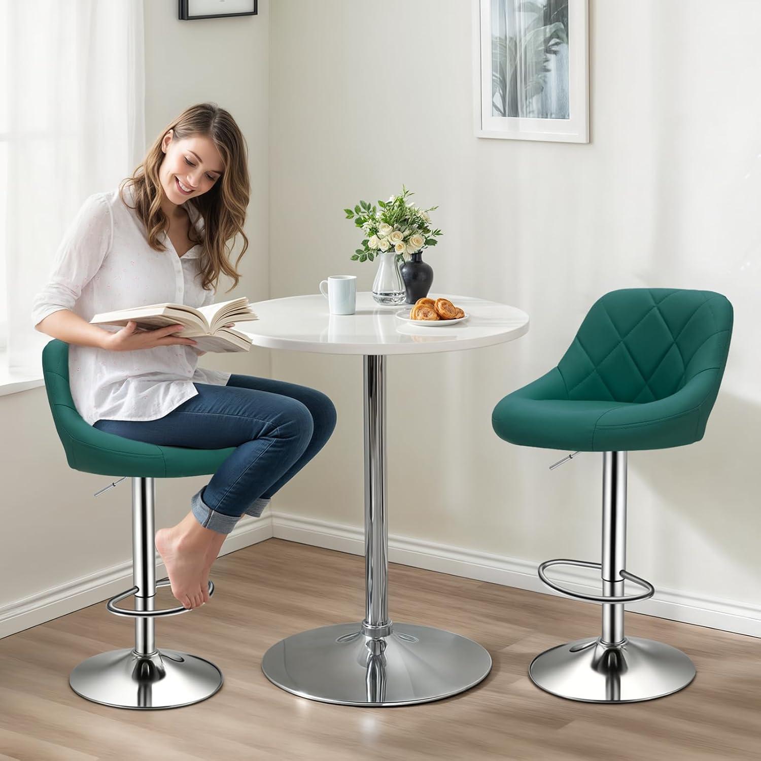 Bar Stools Set of 2, Adjustable Counter Height Swivel Barstools, Modern Dining Chairs Bar Pub High Stool with Back for Kitchen Island, Teal Green