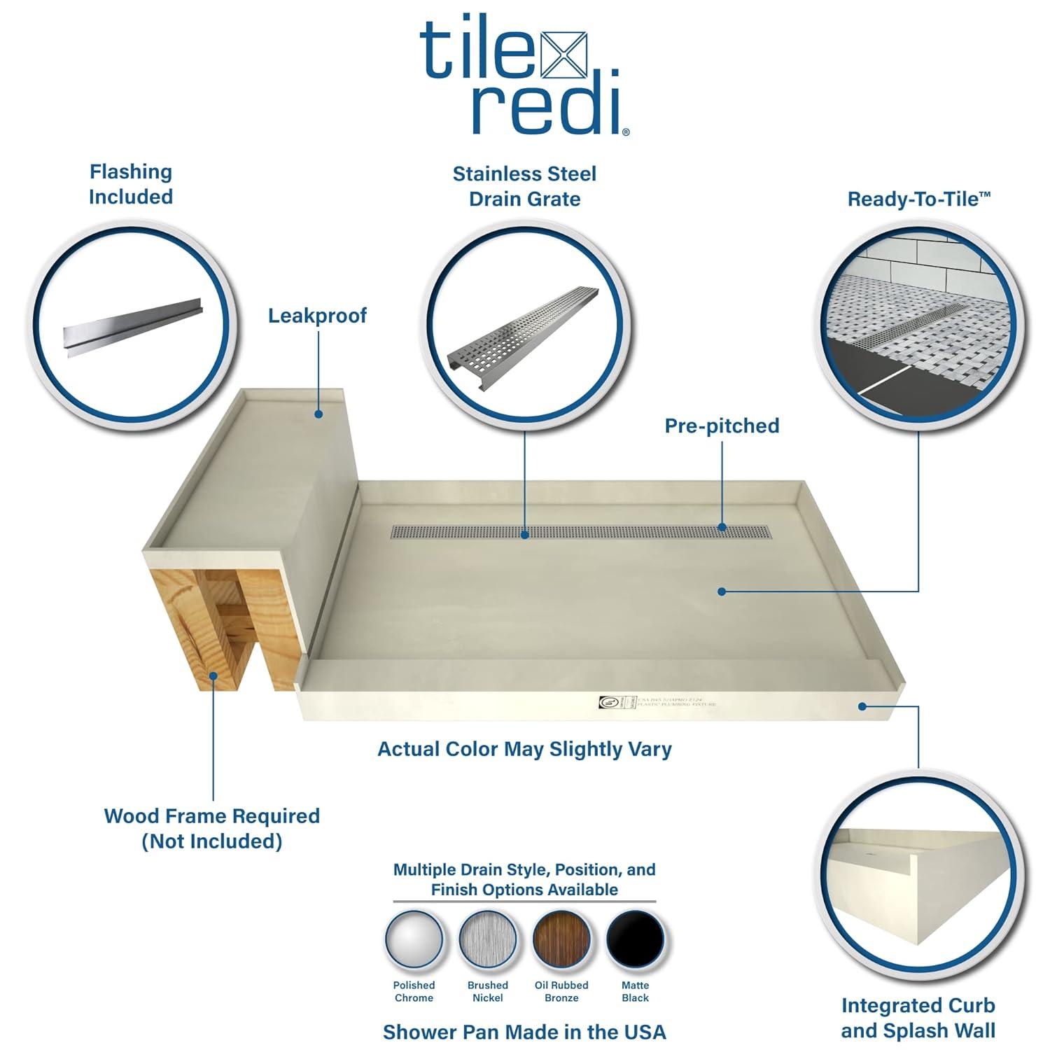 Tile Redi Rt4248r-Sq-Rb42-Kit Base'n Bench 42" X 60" Rectangular Shower Base - Chrome