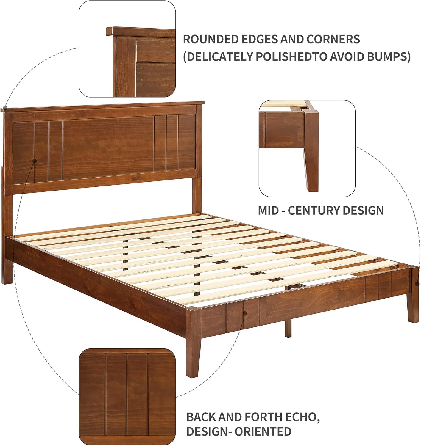 MUSEHOMEINC Easy Assembly Solid Pinewood Mid Century Platform Bed with Headboard and Slat Supports, No Box Spring Needed