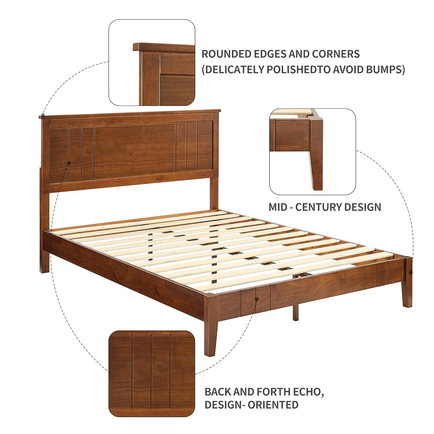 MUSEHOMEINC BF1007WK 12 Inch Tall Easy Assembly Solid Pinewood Mid Century Platform Bed with Headboard and Slat Supports, No Box Spring Needed, King