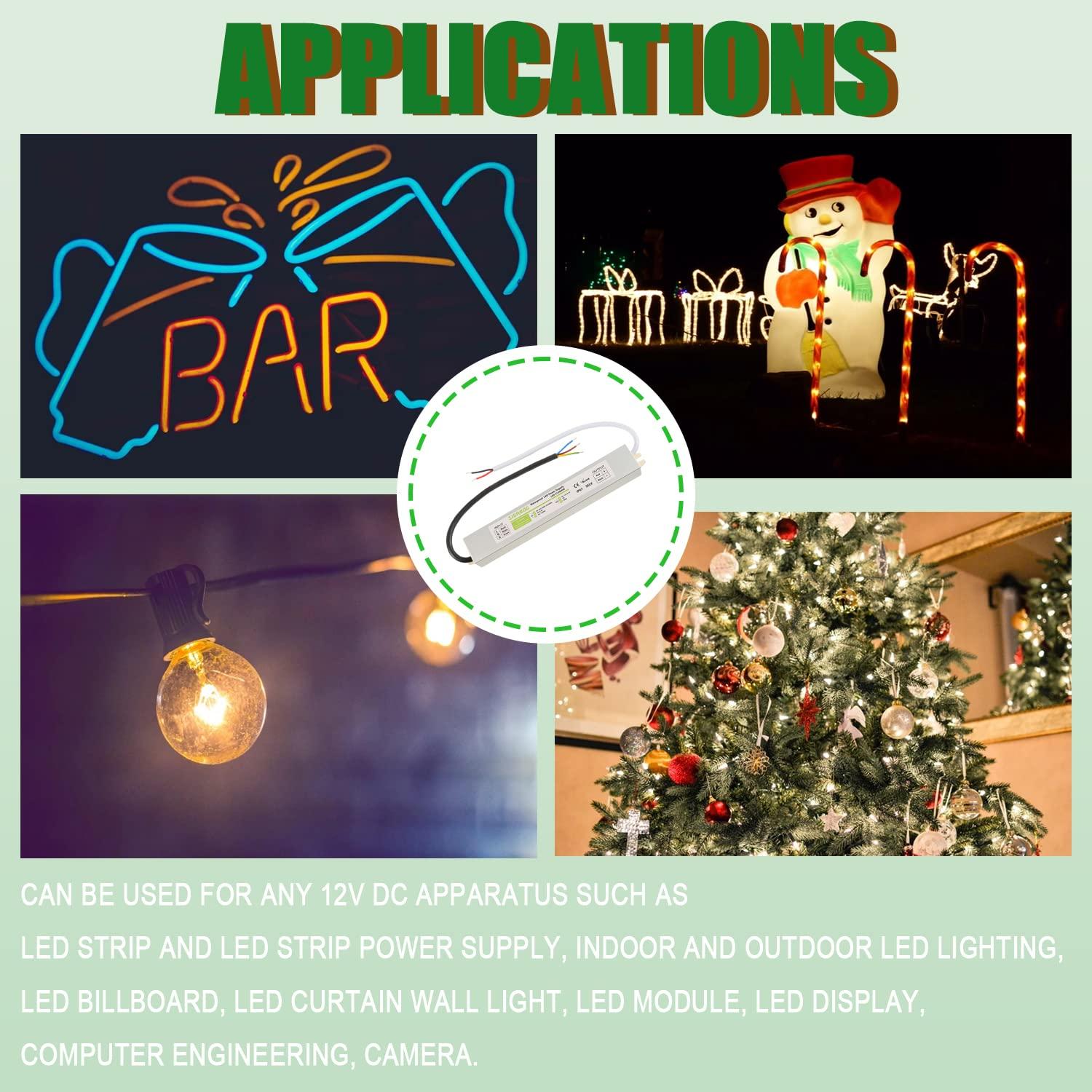 60W Watts LED Driver Power Supply Transformer Adapter Waterproof IP67 100V-260V AC to 12V DC Low Voltage Output for LED Light Outdoor Light 12V DC Led Lights Computer Project