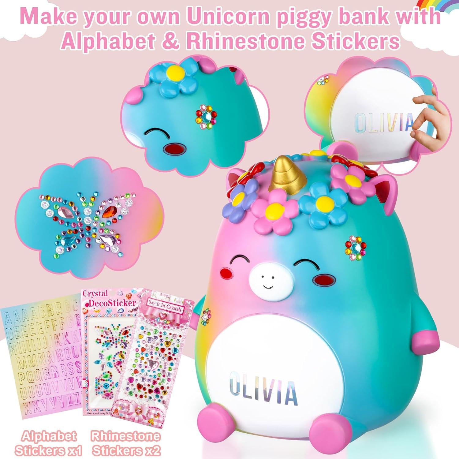 Unicorn Piggy Bank Girls – Cute Rainbow Kids Piggy Bank for Girls, Personalized Unbreakable Resin Coin Money Bank for Kids with Stickers for Toddlers