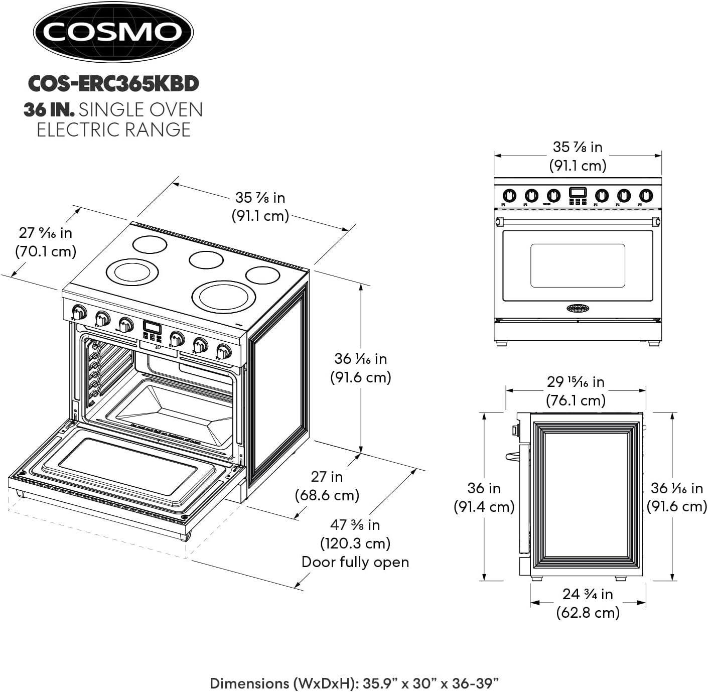 Cosmo 36 in. Haven Collection 6.0 cu. ft. Electric Ceramic Glass Range, 5 Burner Elements, Convection Oven, Stainless Steel