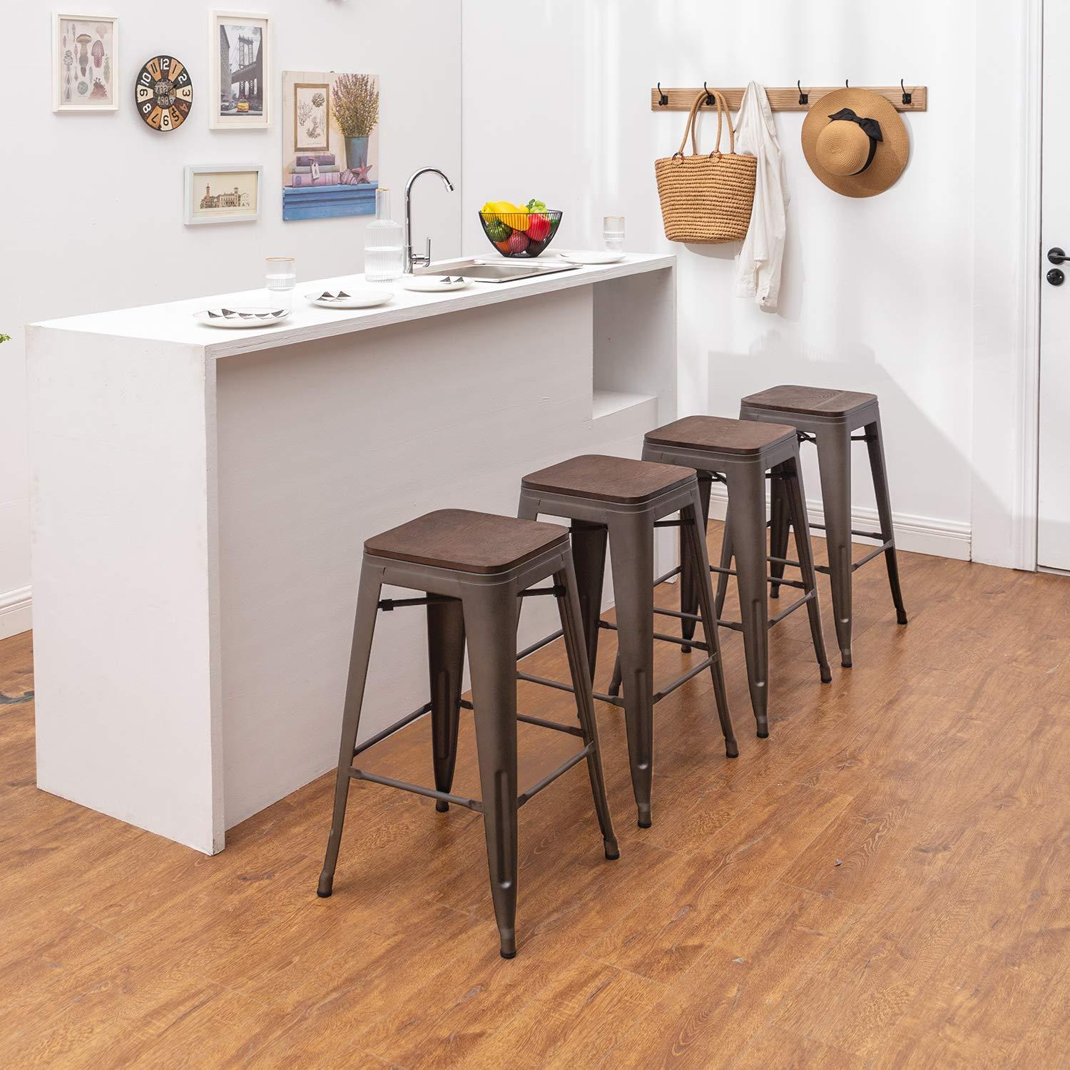WENTMENT Bar Stools Set of 4 Counter Height Bar Stools Metal Barstools with Removable Back 30" Kitchen Bar Stools with Wooden Seat, Rusty