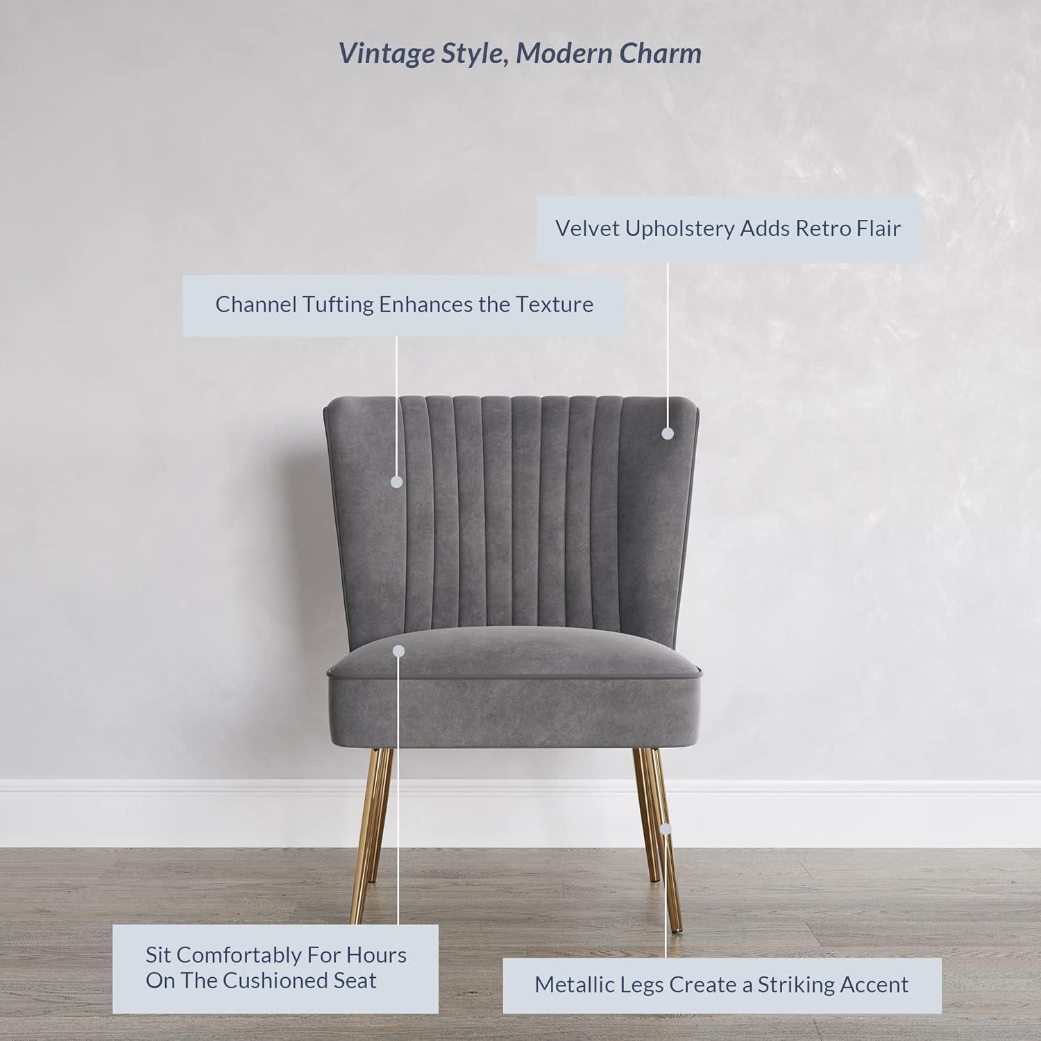 BELLEZE Modern Velvet Accent Chair With Metallic Legs And Channel Tufting, Elegant Vintage Style Armless Seating For Living Room, Bedroom, Office - Ethia (Gray)