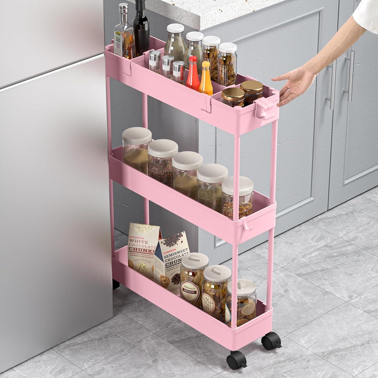 Slim Storage Cart,3 Tier Bathroom Rolling Utility Cart Storage Organizer Slide Out Cart, Mobile Shelving Unit Organizer Trolley for Office Bathroom Kitchen Laundry Room Narrow Places, Pink