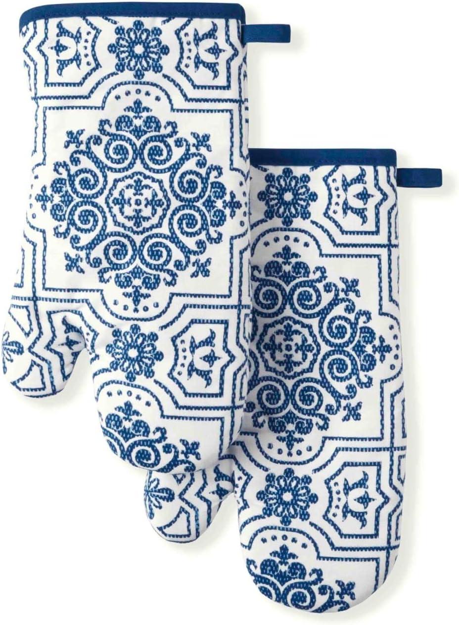 Navy Blue Medallion Print Cotton Oven Mitt Set, 7"x13", 2-Piece