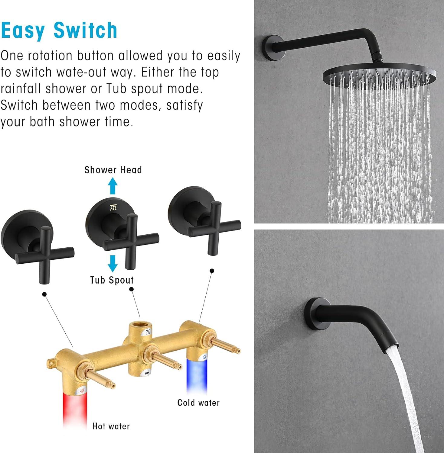 Matte Black 10-Inch Rainfall Shower Faucet Set with Brass Valve