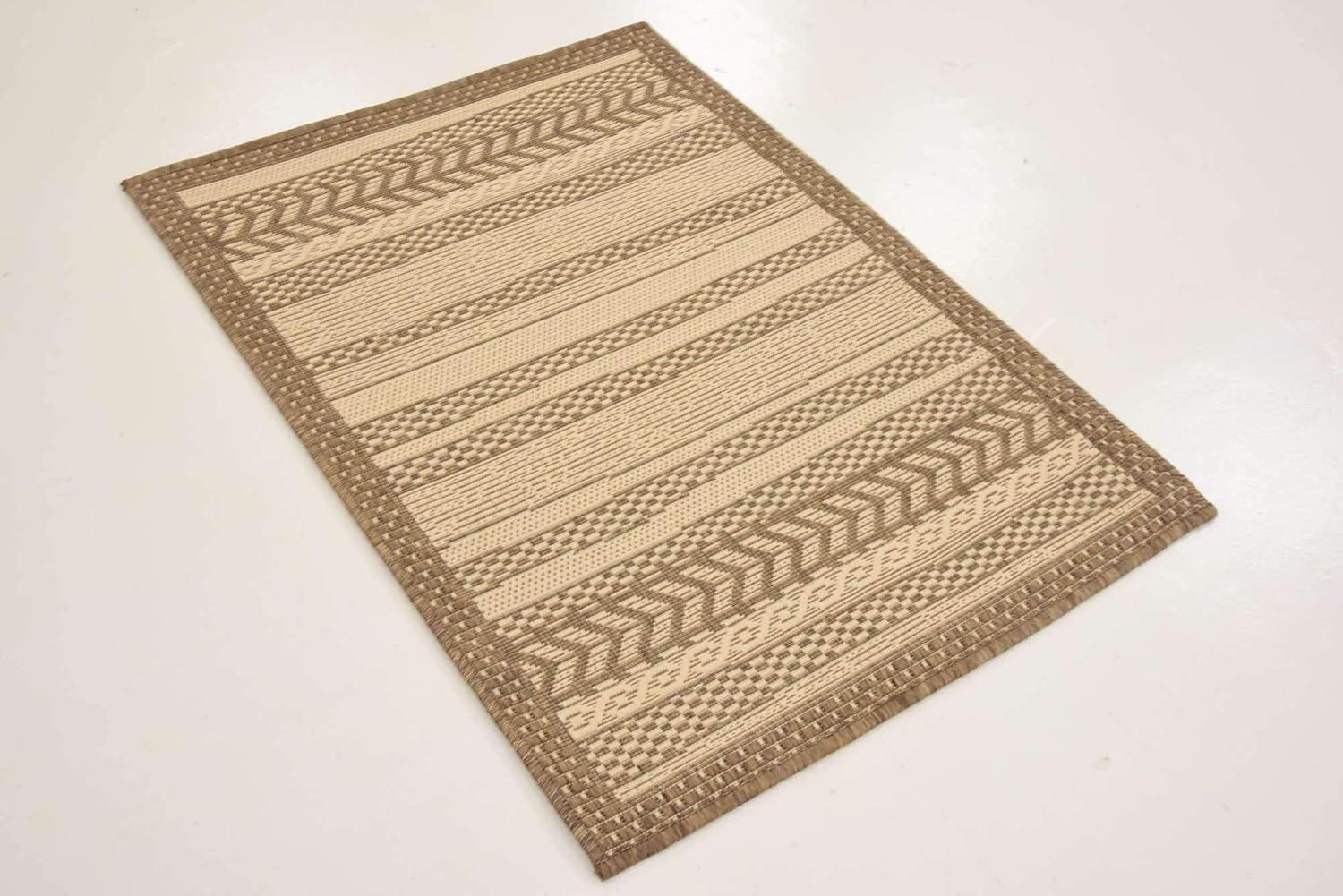 Unique Loom Outdoor Border Collection Area Rug - Lines (6' 1" Square Beige/Brown)