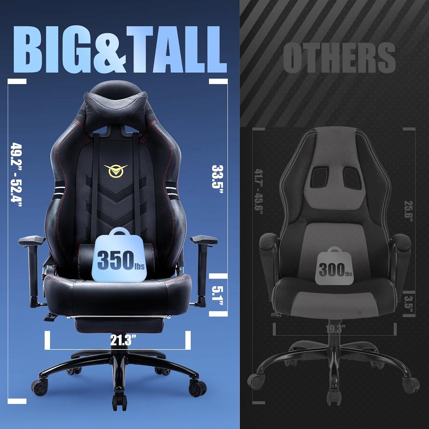Big and Tall Gaming Chair with Footrest 350lbs-Racing Style Computer Gamer Chair, Ergonomic High Back PC Chair with Wide Seat, Reclining Back, 3D Armrest, Headrest and Lumbar Support for Adult-Black