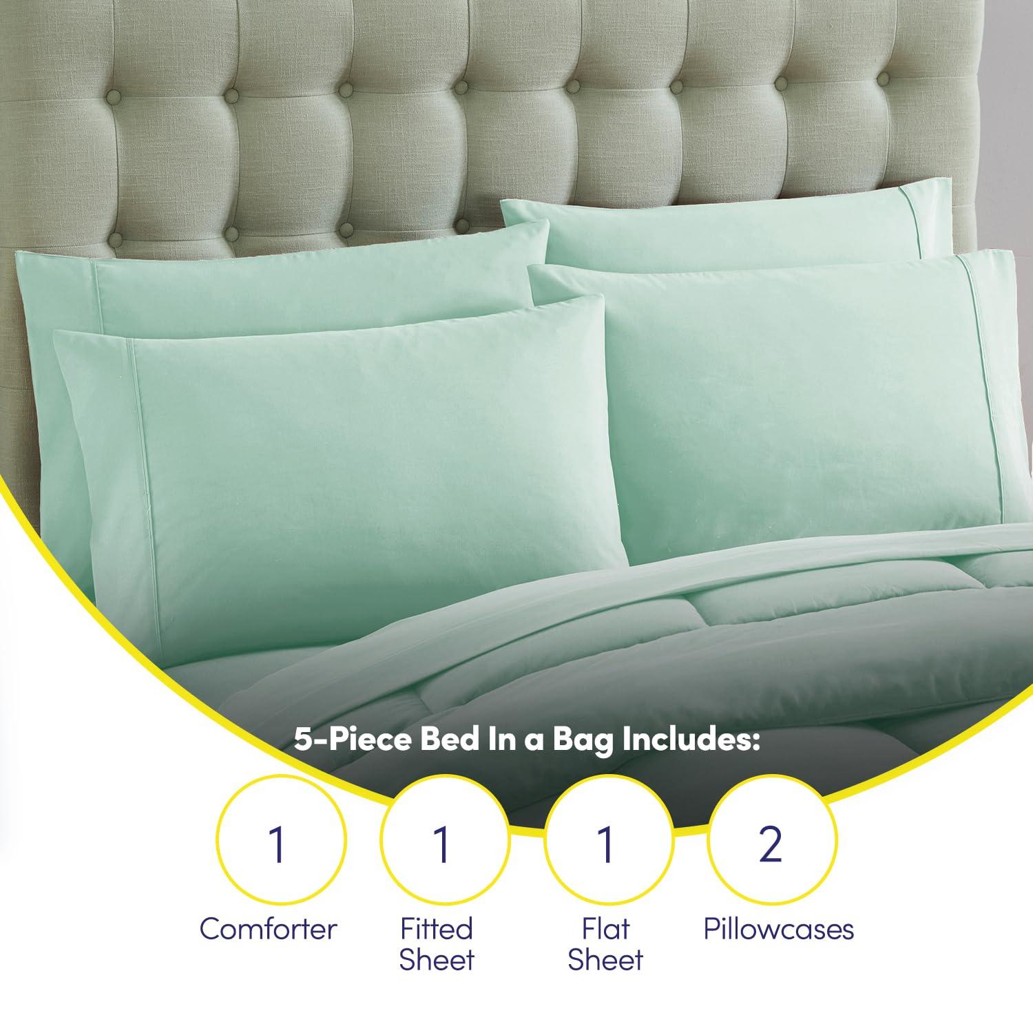 Bed-in-A-Bag Solid Color Comforter & Sheet Set Soft All Season Bedding, Twin, Mint