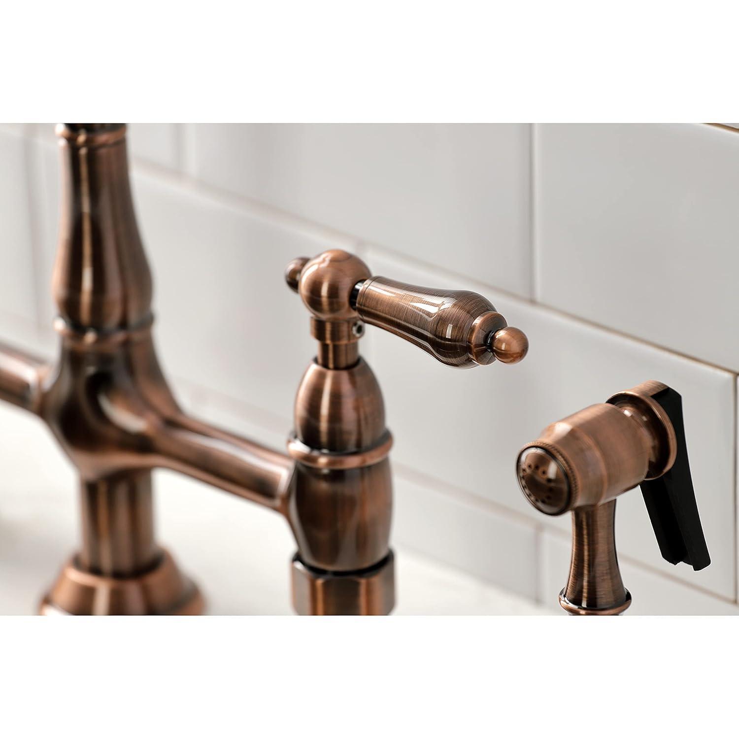 Kingston Brass KS127ALBSAC Kingston Brass Heritage Two-Handle 4-Hole Deck Mount Bridge Kitchen Faucet with Brass Side Sprayer