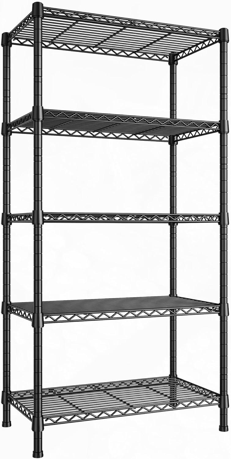 Black 5-Tier Adjustable Metal Wire Shelving Rack for Storage