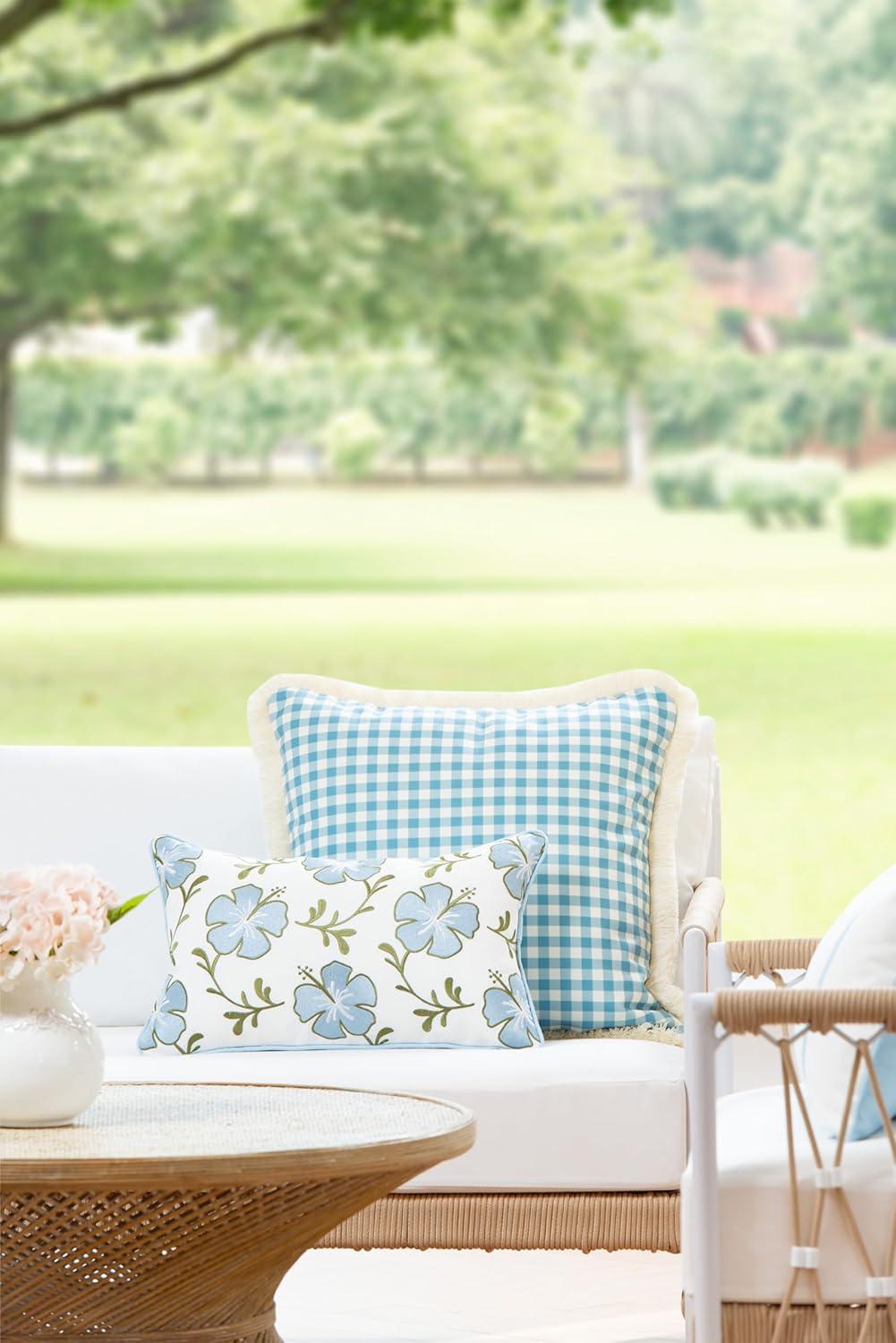 Hofdeco Premium Coastal Patio Indoor Outdoor Lumbar Pillow Cover Only, 12"x20" Water Repellent for Backyard, Couch, Baby Blue Green Embroidered Hibiscus Floral with Piping
