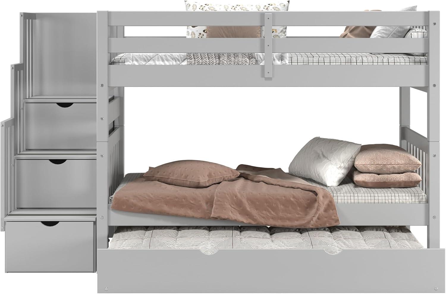 Bedz King Stairway Bunk Beds Twin over Twin with 3 Drawers in the Steps and a Twin Trundle, Gray