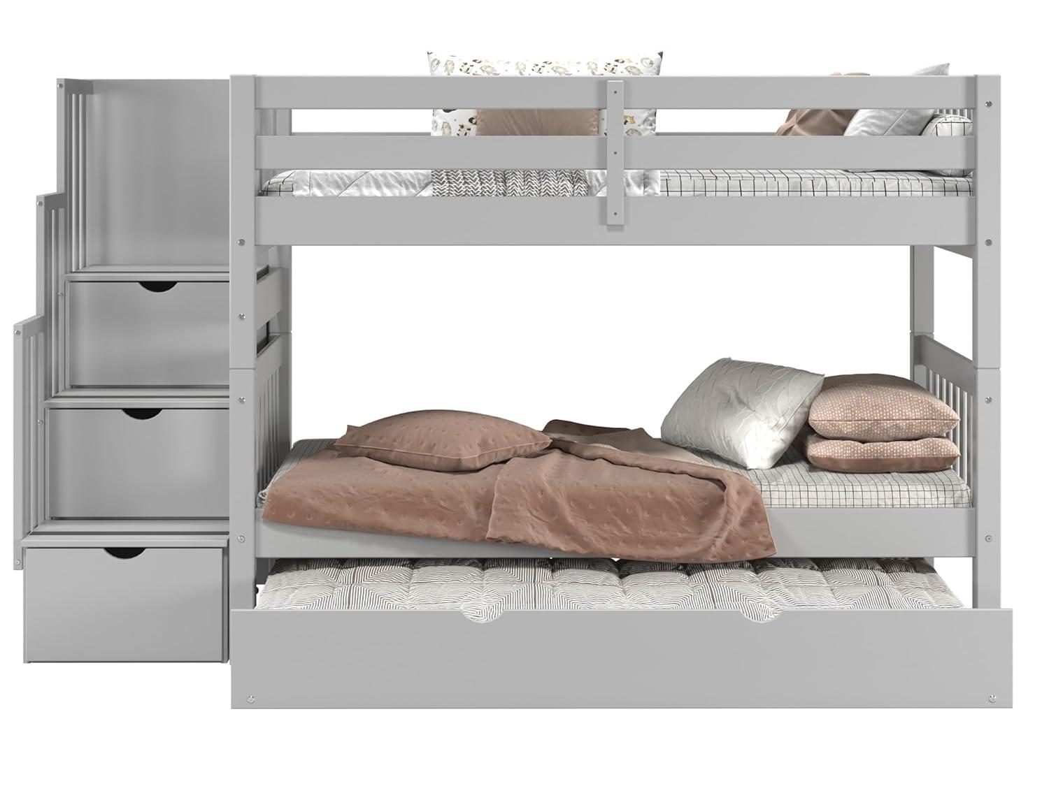 Bedz King Stairway Bunk Beds Twin over Twin with 3 Drawers in the Steps and 2 Under Bed Drawers, Dark Cherry