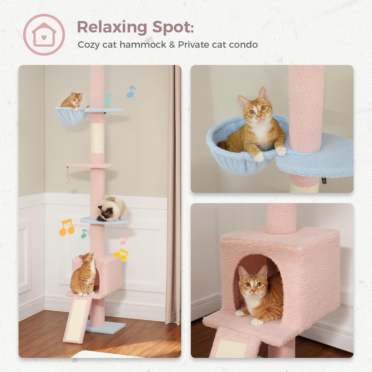 Adjustable Height Floor To Ceiling 5-Tier Tall Cat Tree Tower For Indoor Cats With Cat Condo, Cat Scratching Post And Cat Ladder