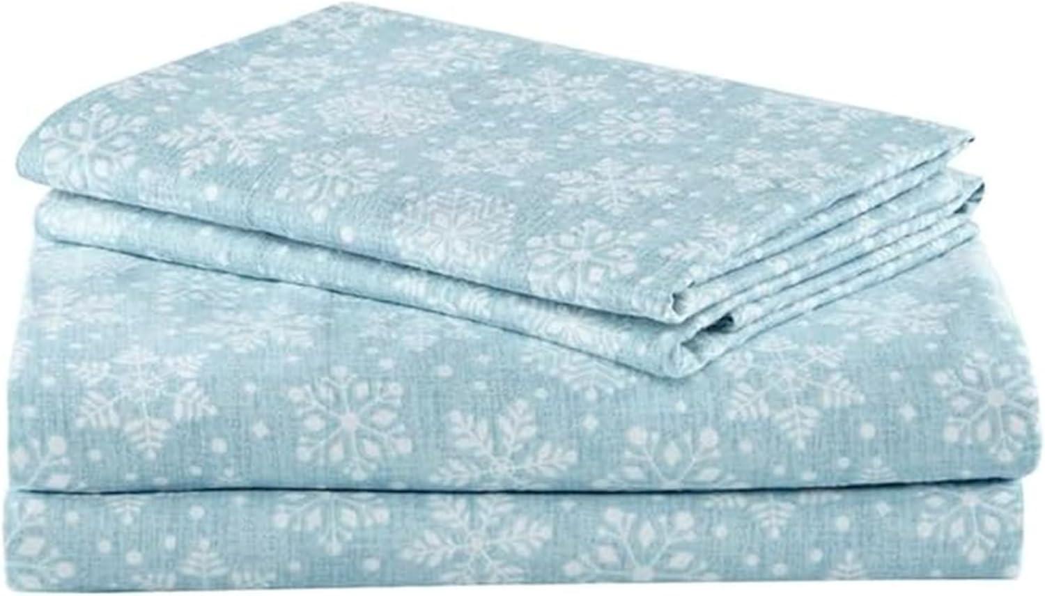 Comfort Spaces Twin Sheet Set, Flannel Bed Sheets Twin, 100% Cotton Bed Sheets Set with Deep Pocket, 3-Piece Snowflakes Blue