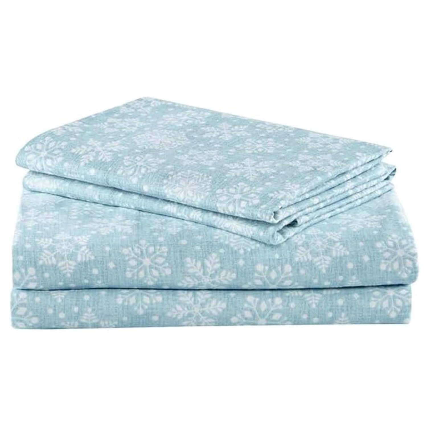 Comfort Spaces Twin Sheet Set, Flannel Bed Sheets Twin, 100% Cotton Bed Sheets Set with Deep Pocket, 3-Piece Snowflakes Blue