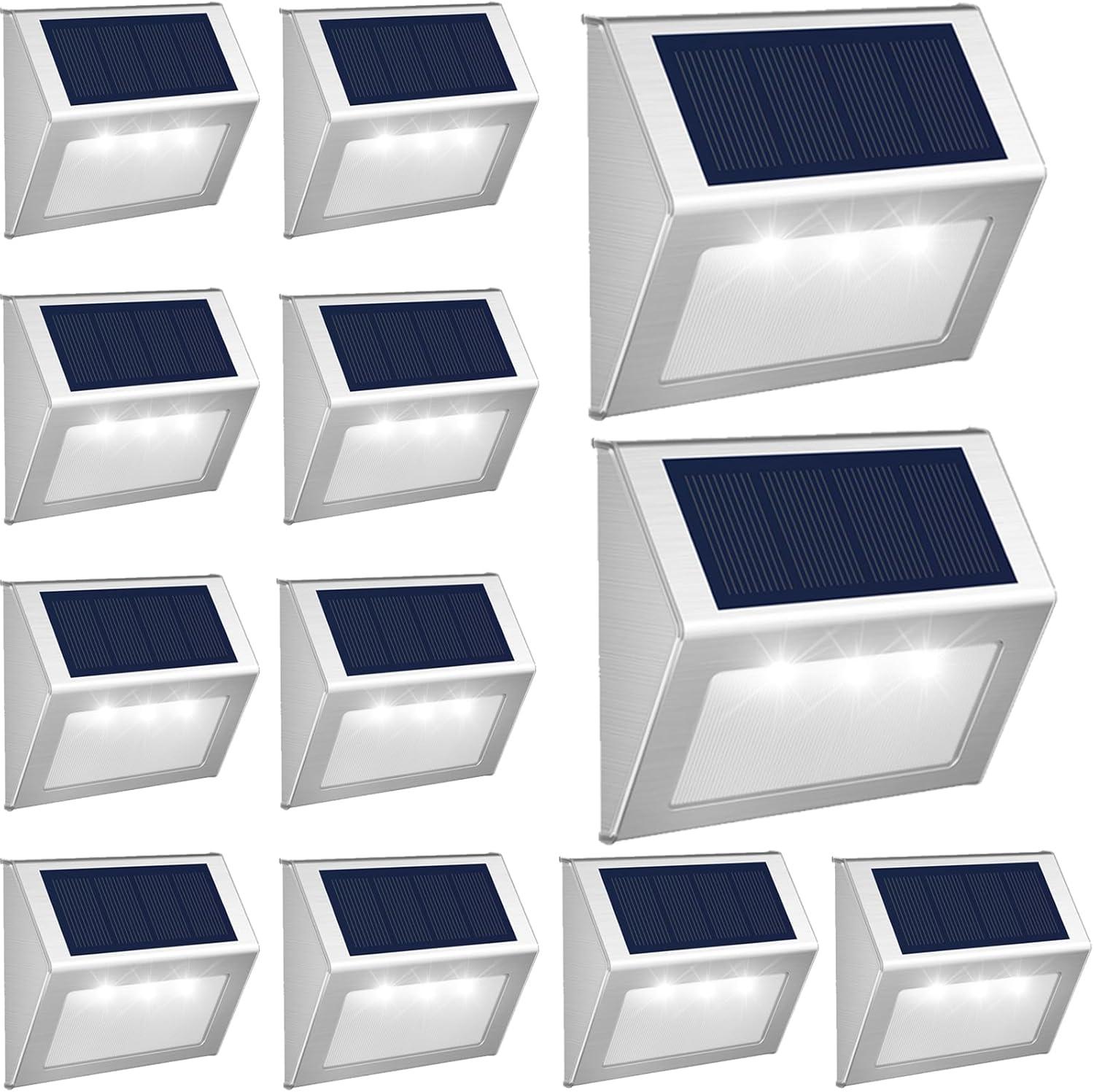 Cool White Stainless Steel Solar LED Outdoor Step Lights, 12-Pack