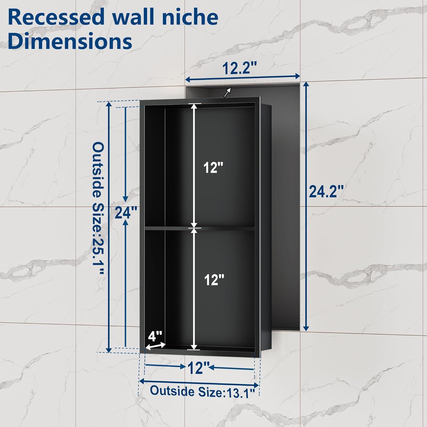 Neodrain No Tile Shower Niche, Stainless Steel Wall Niche 13.1"X 25.1"(Inner Size 12"X24"), Two-Tier Bathroom Shelf, NO Tile Needed Recessed Niche Shower for Bathroom Storage, Matte Black