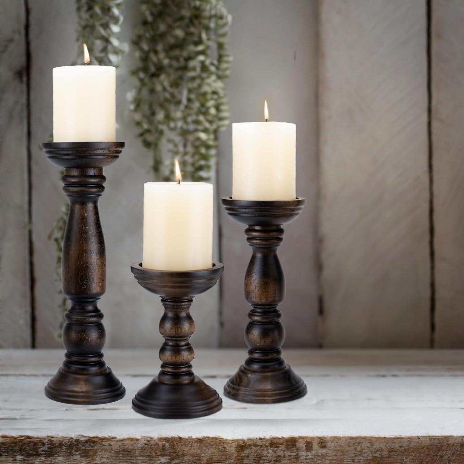 DecMode 3 Candle Brown Wood Candle Holder, Set of 3