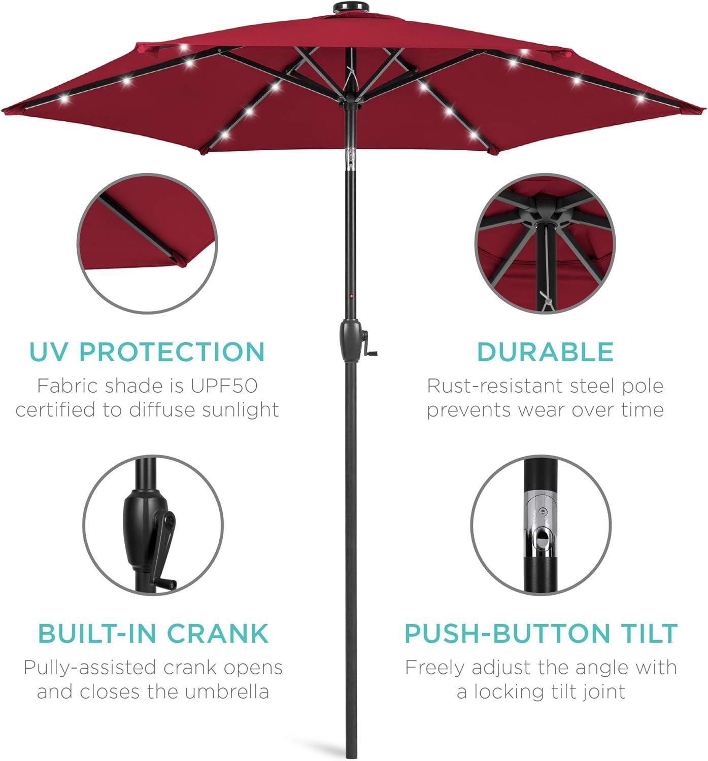 Best Choice Products 7.5ft Outdoor Solar Patio Umbrella for Deck, Pool w/ Tilt, Crank, LED Lights - Burgundy