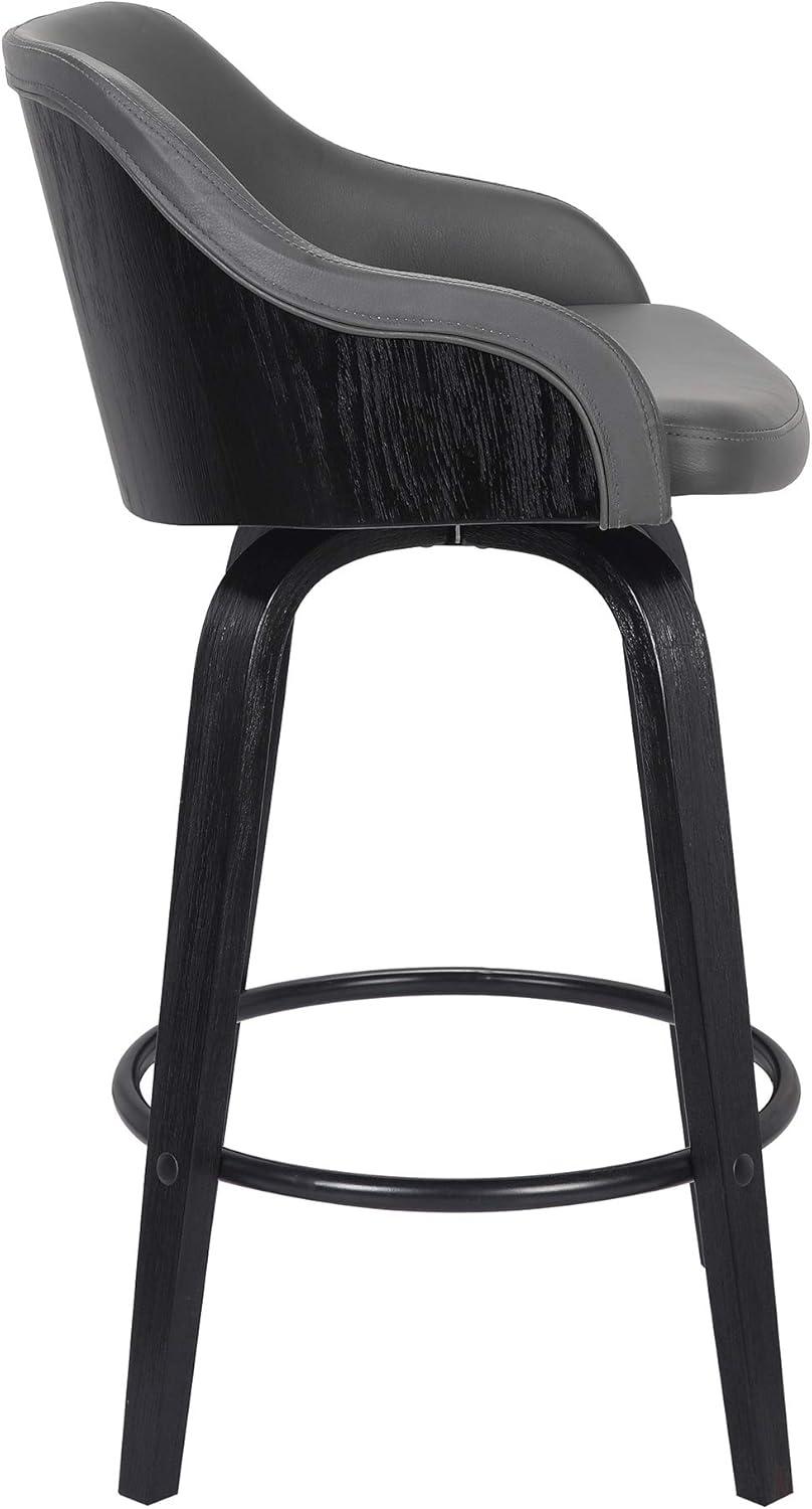 Alec Contemporary Black Wood & Grey Faux Leather Swivel Barstool, 30"