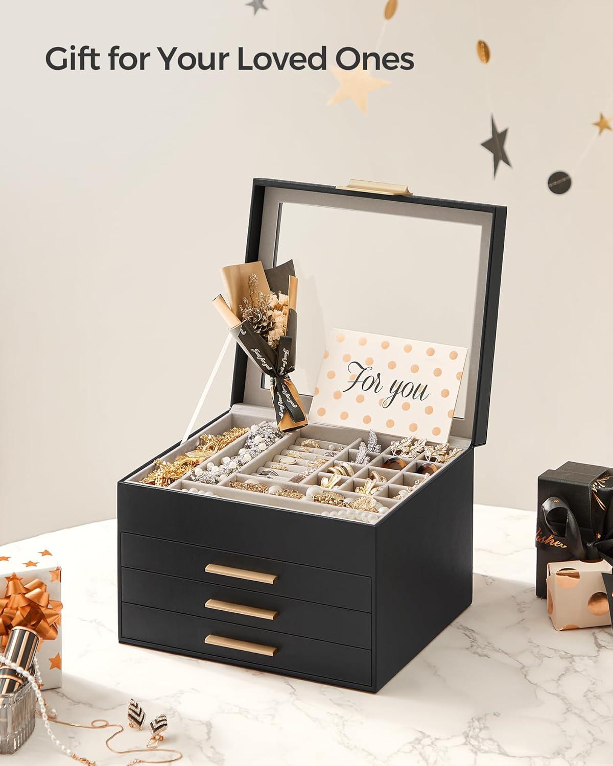 SONGMICS Jewelry Box Organizer with Glass Lid, 4-Layer Jewelry Storage, with 3 Drawers, Modern Style, 8 x 9.1 x 6.5 Inches, Graphite Black and Gold Color UJBC173B01