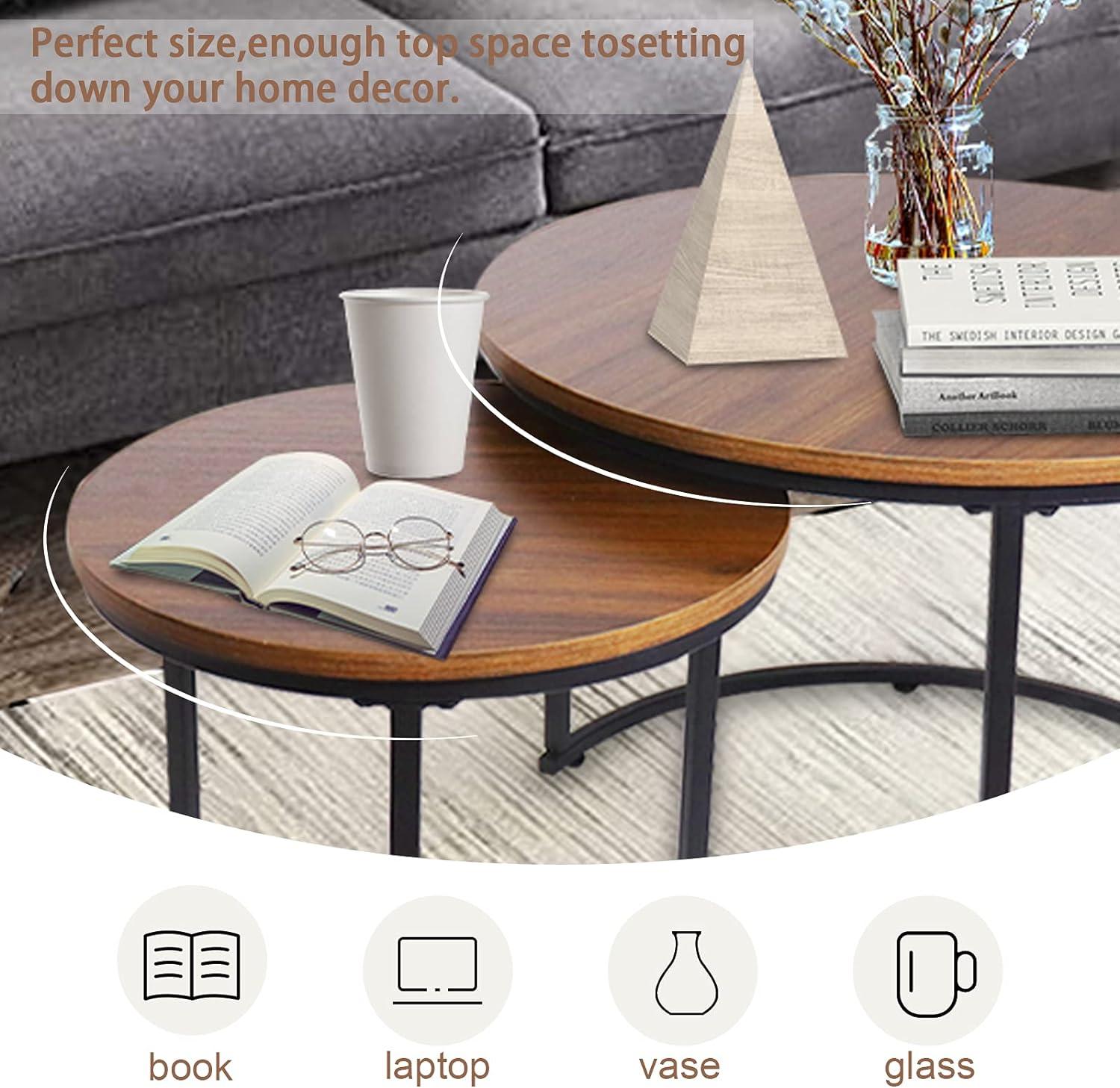 Round Wood Nesting Coffee Table Set with Metal Frame