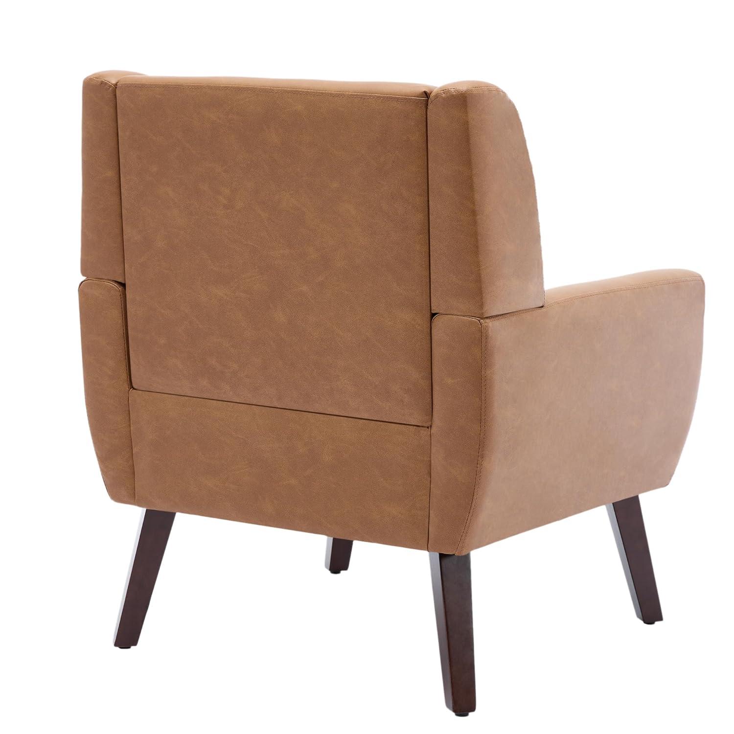 UIXE Faux Leather Accent Chair Upholstered Comfortable Armchair Modern Bedroom Chairs with Solid Wooden Legs, Brown