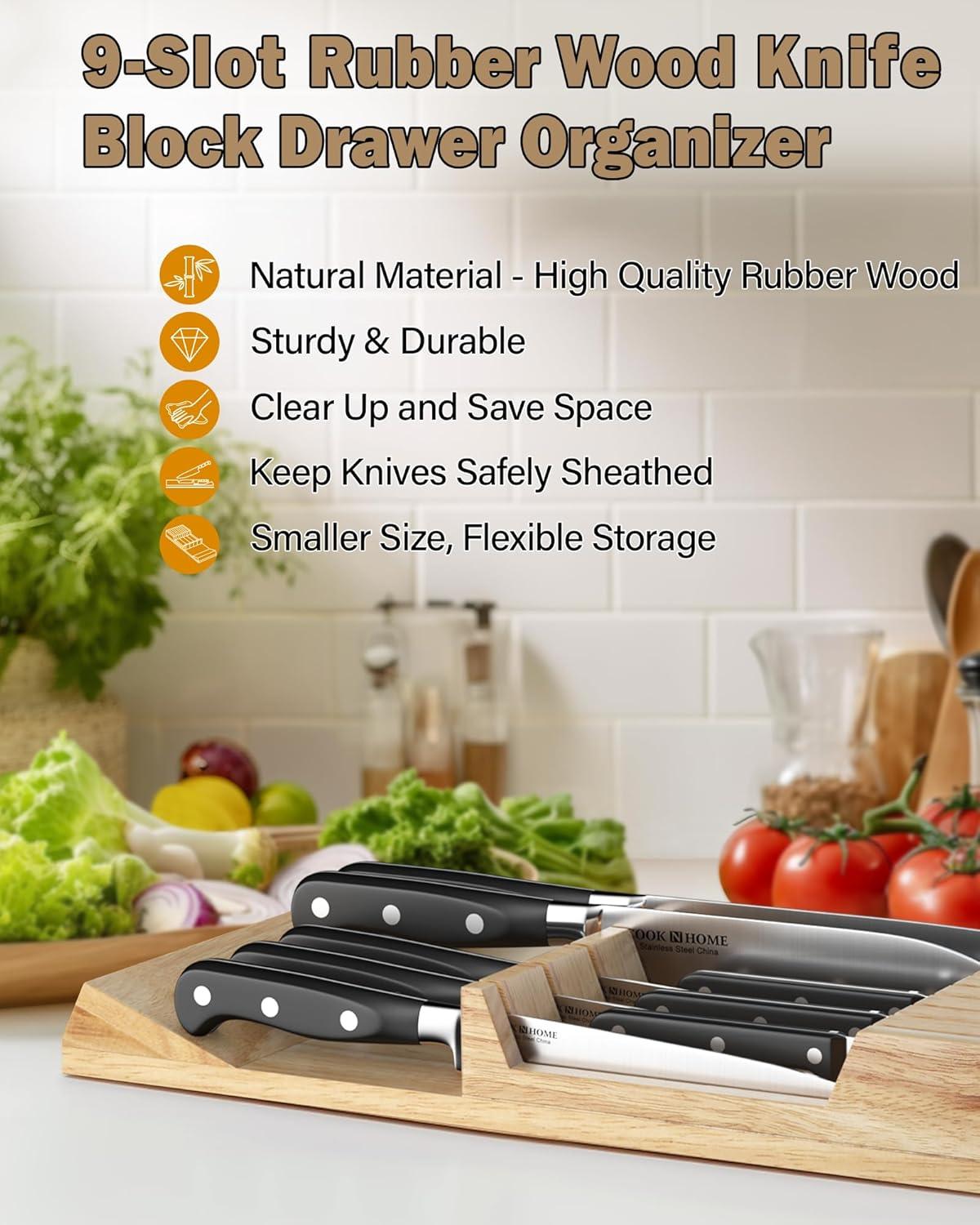 Cook N Home In-Drawer Knife Block Organizer, 9-Slot Kitchen Knife Cutlery Holder Drawer Storage, Holds up to 9 Knives (Not Included)