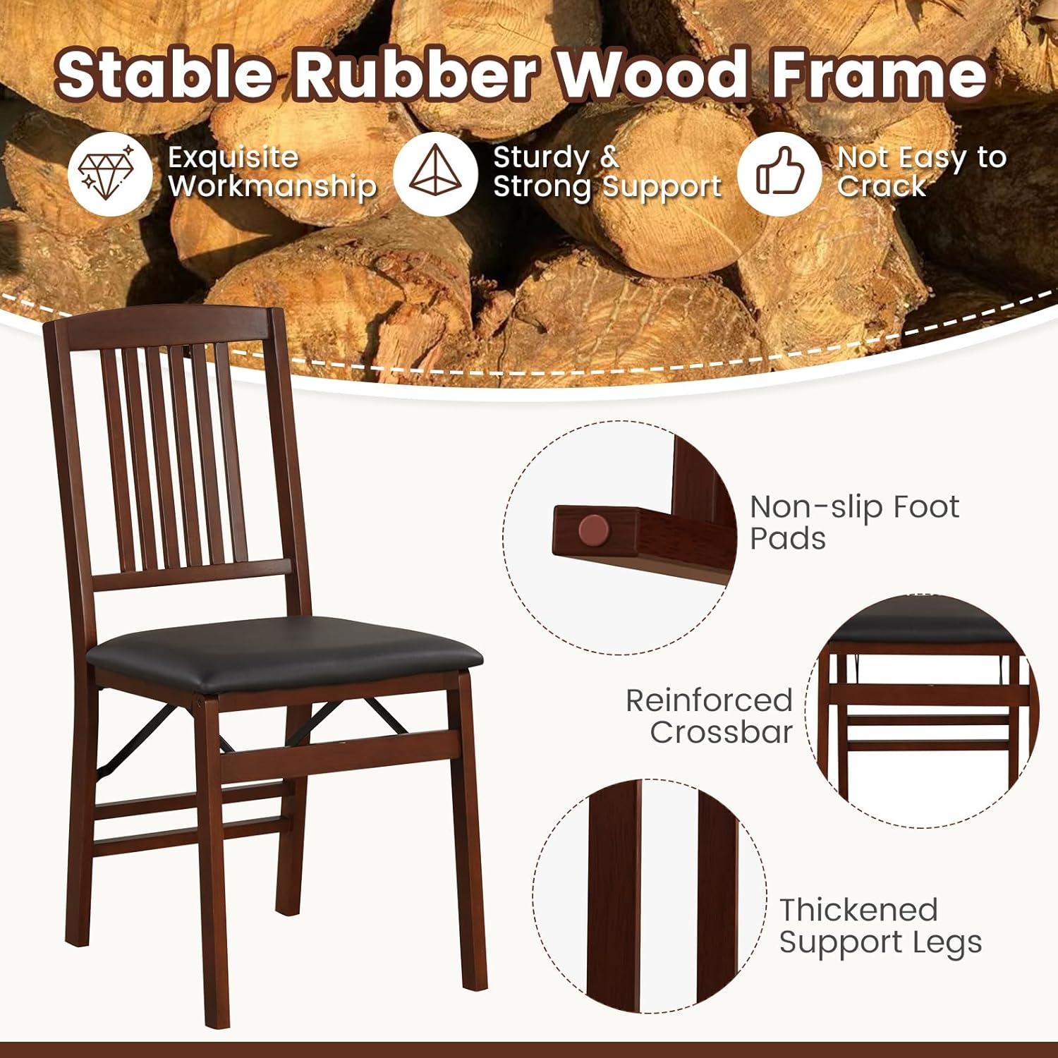 GVN Set of 2 Folding Chairs with Padded Seat and Rubber Wood Frame-Brown, Dining Room Chairs, Lounge Chair for Kitchen, Dining, Bedroom, Living