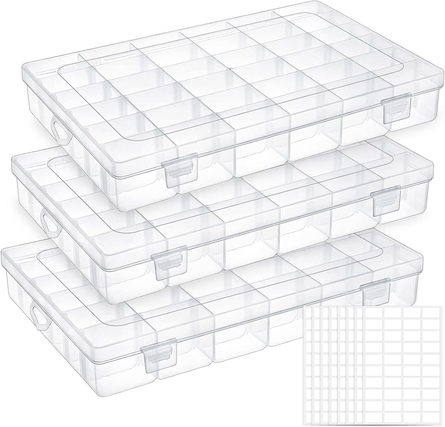 3 Pack 36 Grids Plastic Organizer Box Craft Storage with Adjustable Dividers, Bead Organizer Container Clear Storage Box for Fishing Tackles Crafts Jewelry Thread with 400pcs Label Stickers