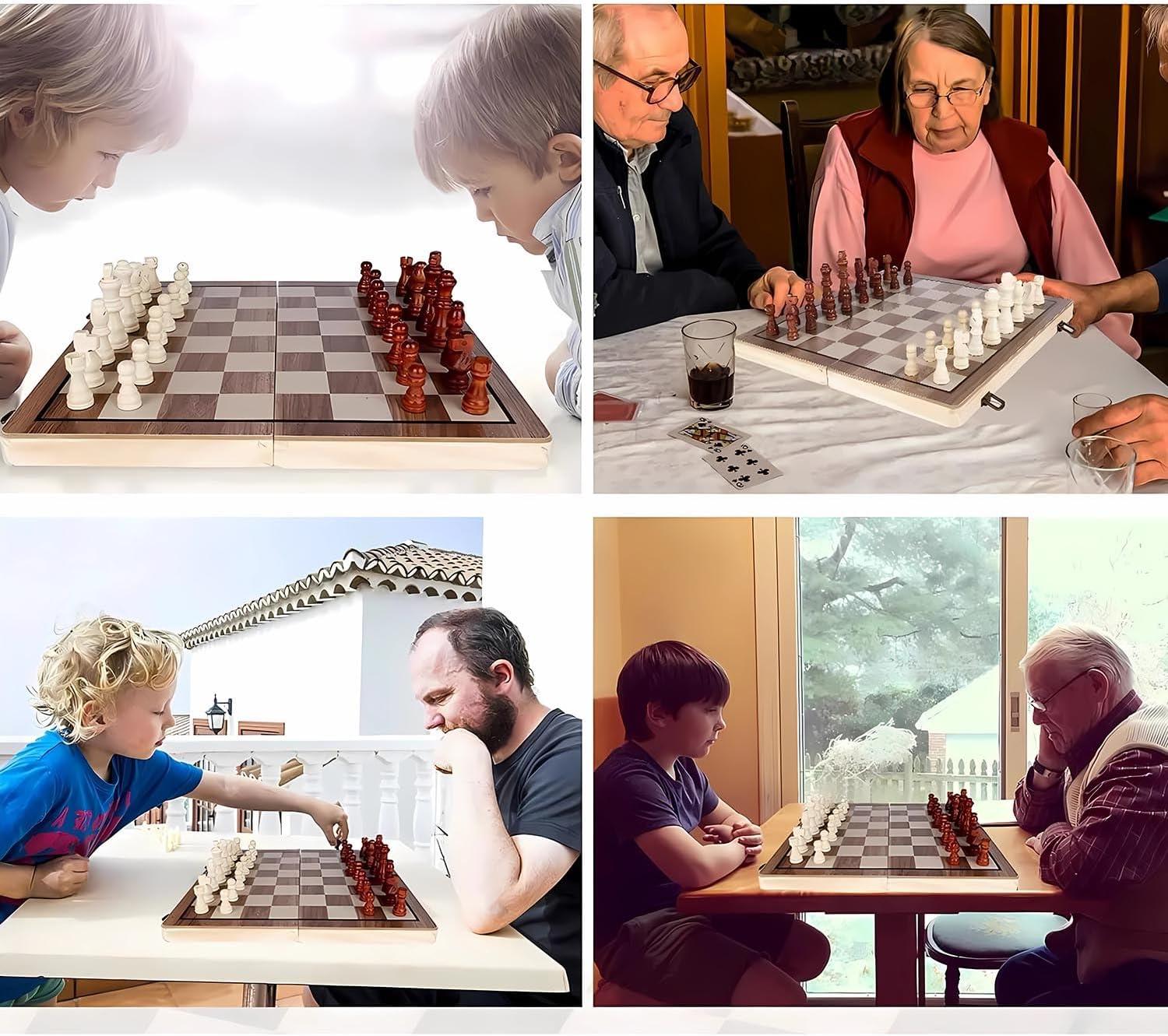 KiddiTouch 15 inch Magnetic Wooden Chess Set 2 in 1 Folding Chess Board Travel Chess Games for Adults and Kids