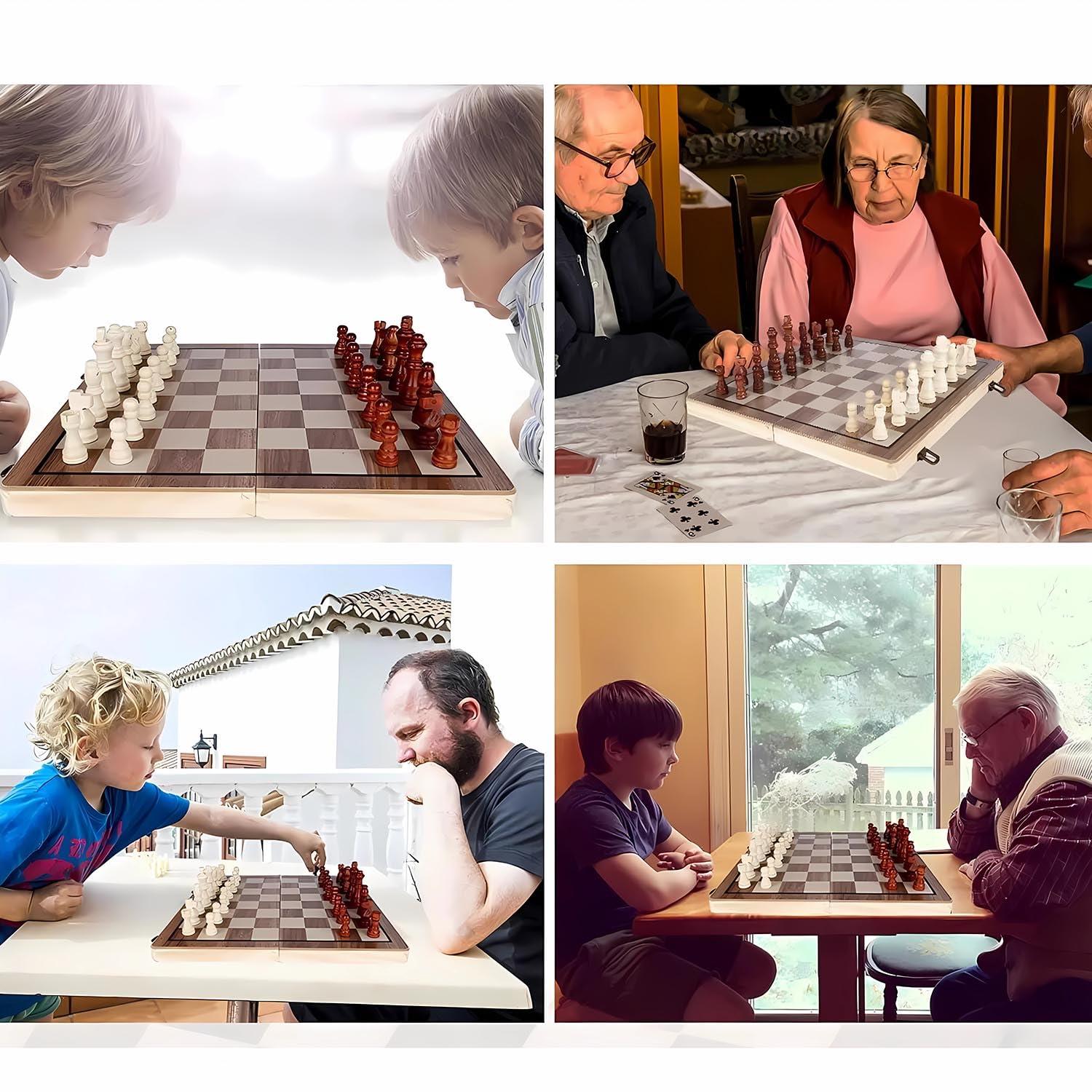 KiddiTouch 15 inch Magnetic Wooden Chess Set 2 in 1 Folding Chess Board Travel Chess Games for Adults and Kids