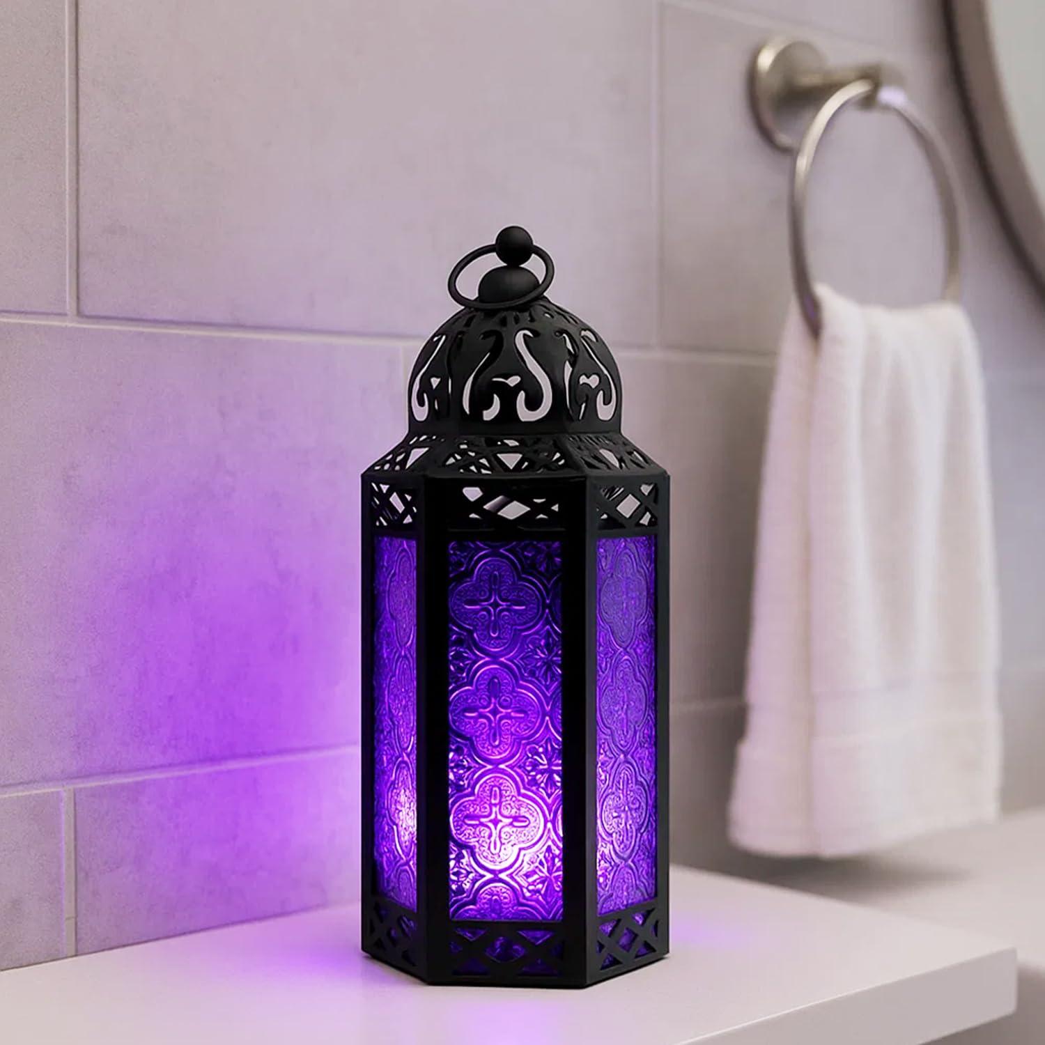 VELA LANTERNS 10.5" Moroccan Lamp Lantern Decorative Candle Holder for Indoor Outdoor Home Decor, Patio, Weddings, Ramadan Decorations, Black Metal, Purple Glass, Medium, Set of 3
