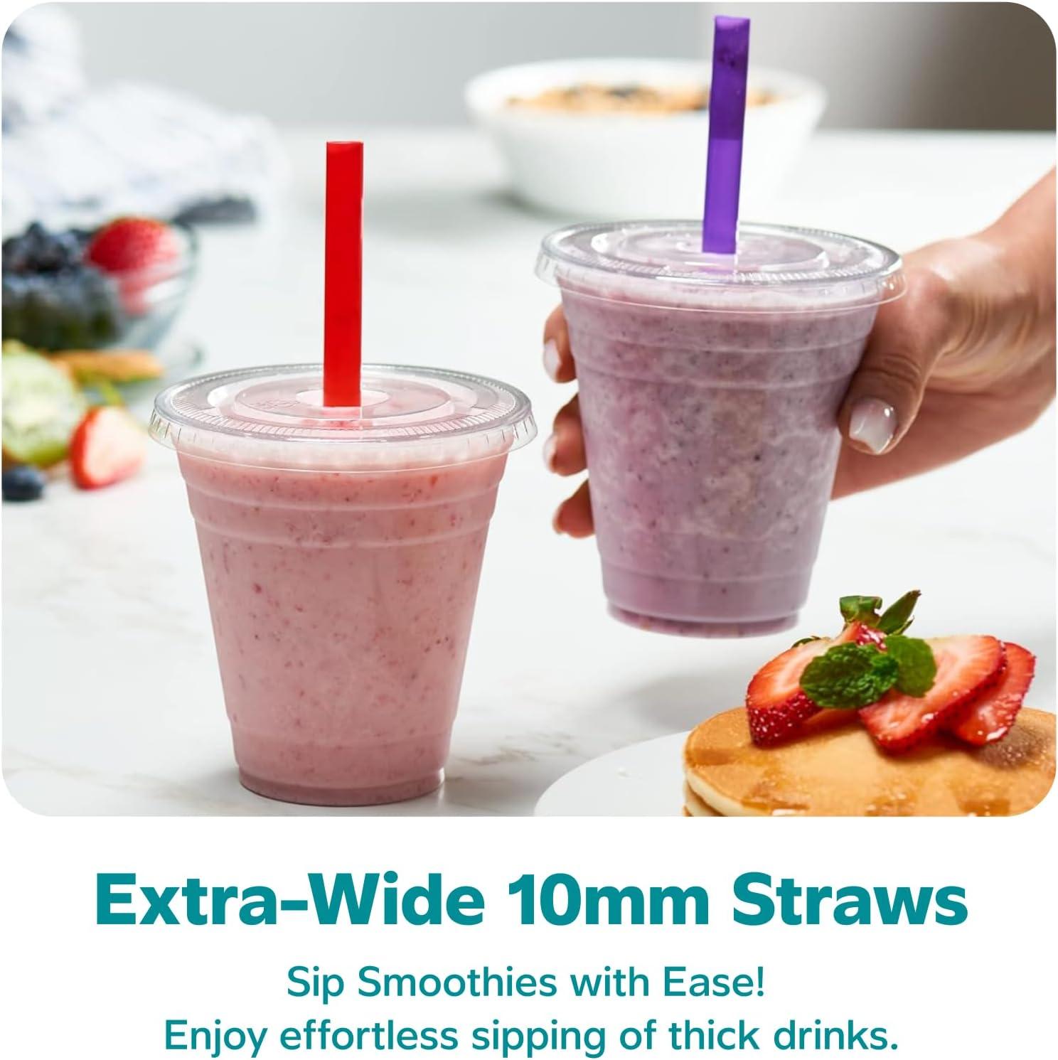 GUSTO 12 oz Clear Plastic Cups with Flat Lids & Straws for Coffee, Slushie, Milkshakes, 100-Pack