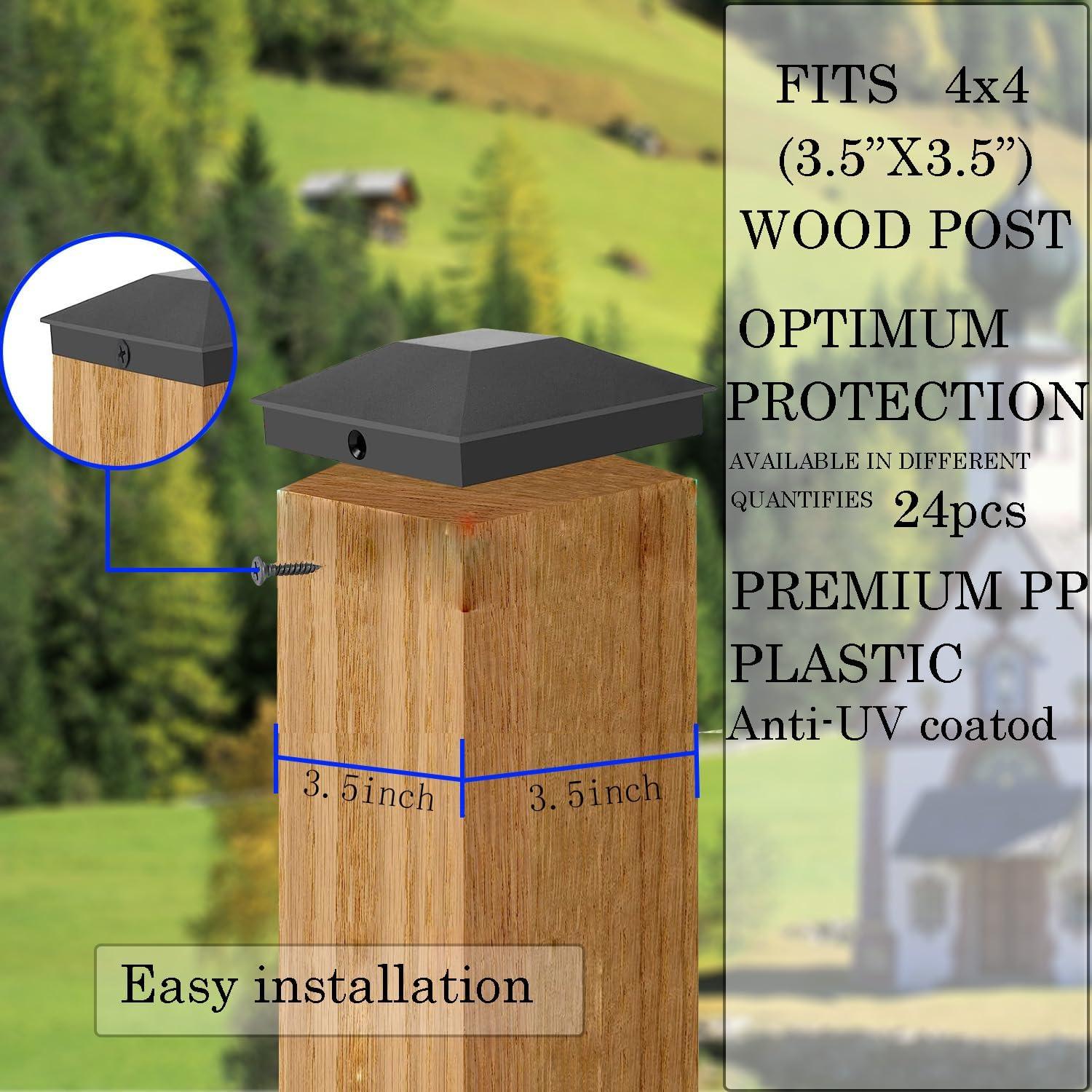 Black PP Plastic 3.5" x 3.5" Fence Post Caps, 24-Pack