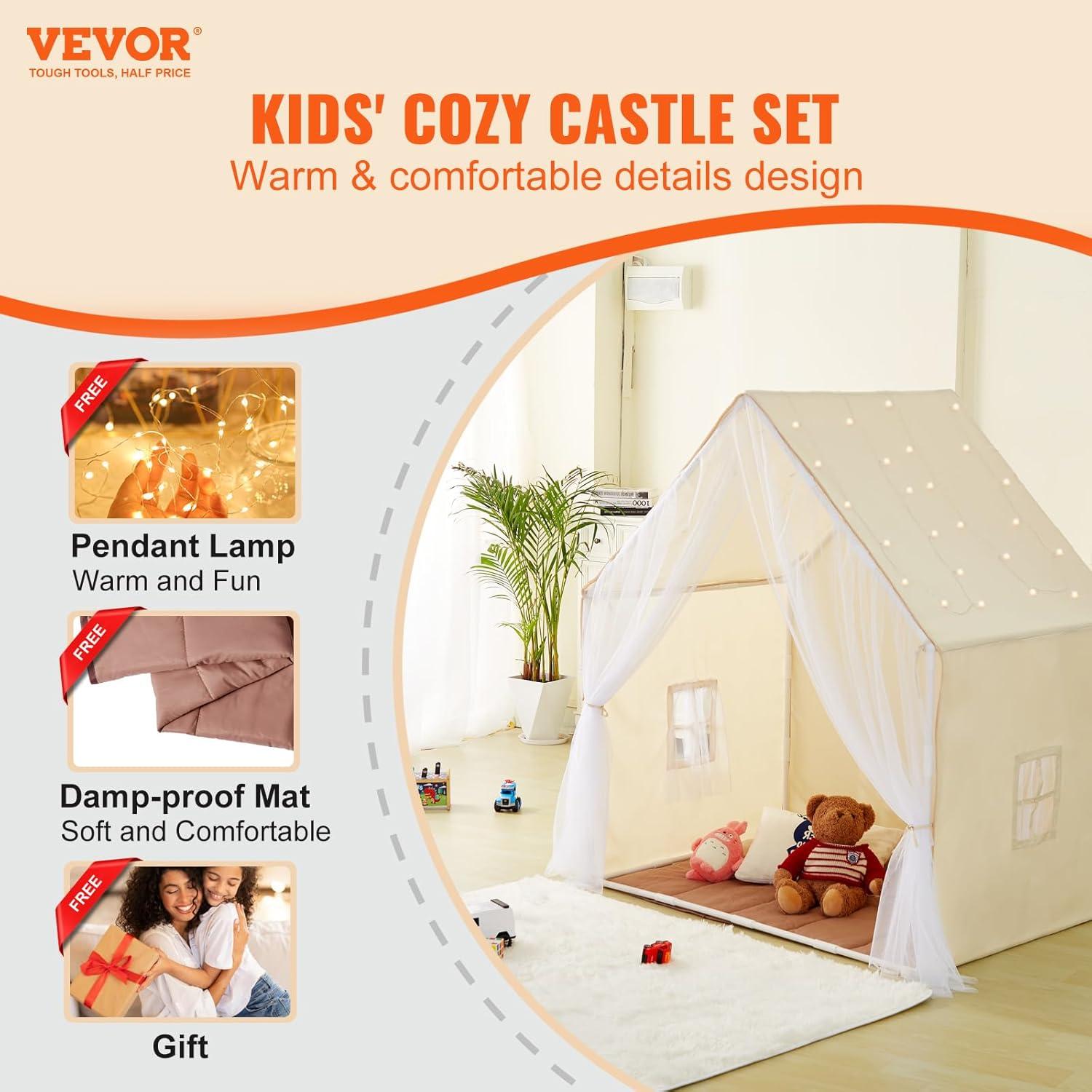 Beige Kids Play Tent with Mat and Light