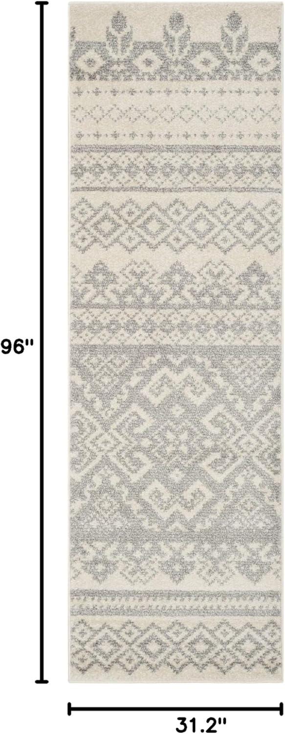 Ivory and Silver Geometric Pattern Runner Rug, 2'6" x 8'