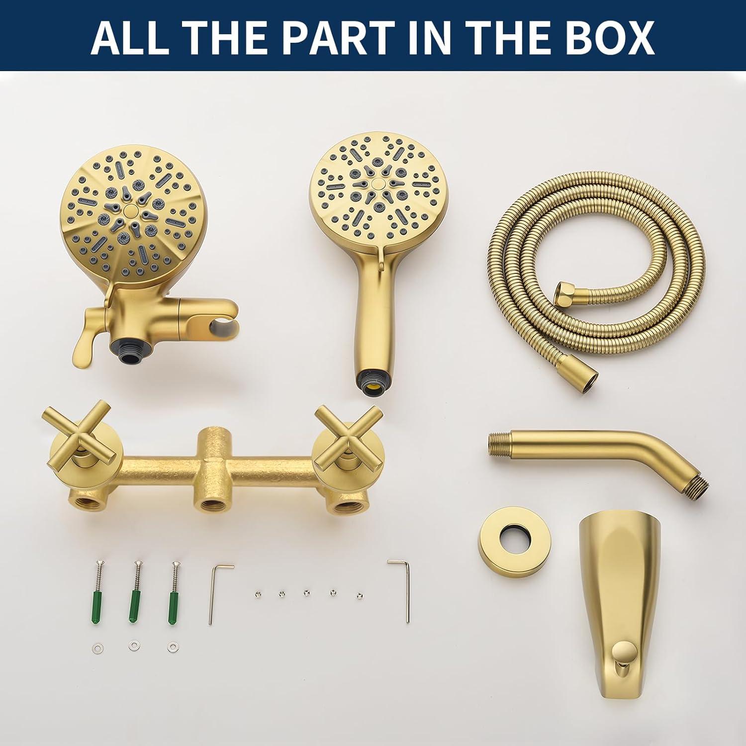 2 Handle Shower Faucet Shower System Complete 2 in 1 Shower Combo Set with Handheld Showerhead Shower Trim Kit Wall Mounted Shower Fixtures Brushed Gold