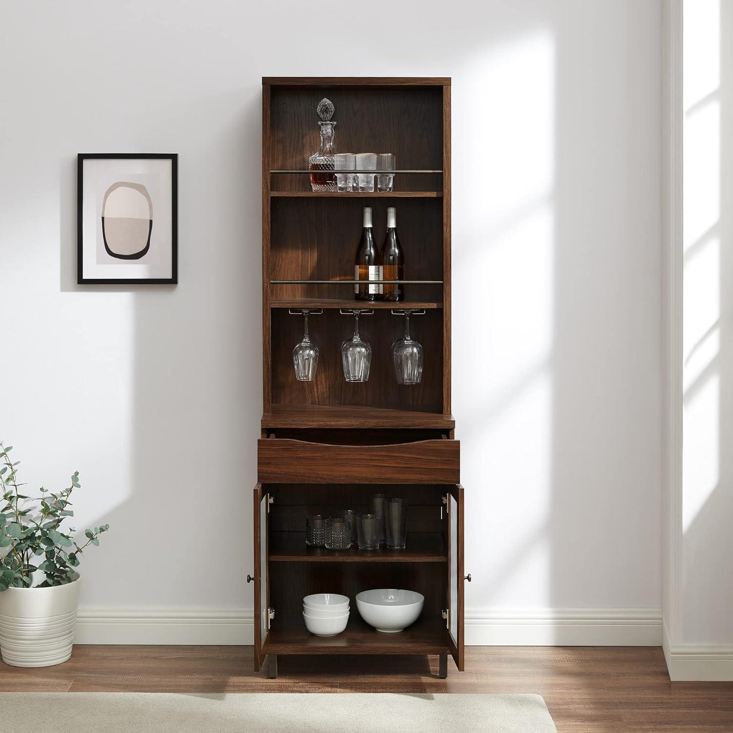 Walker Edison 72” Contemporary Wine Storage Hutch Bar Cabinet, Dark Walnut