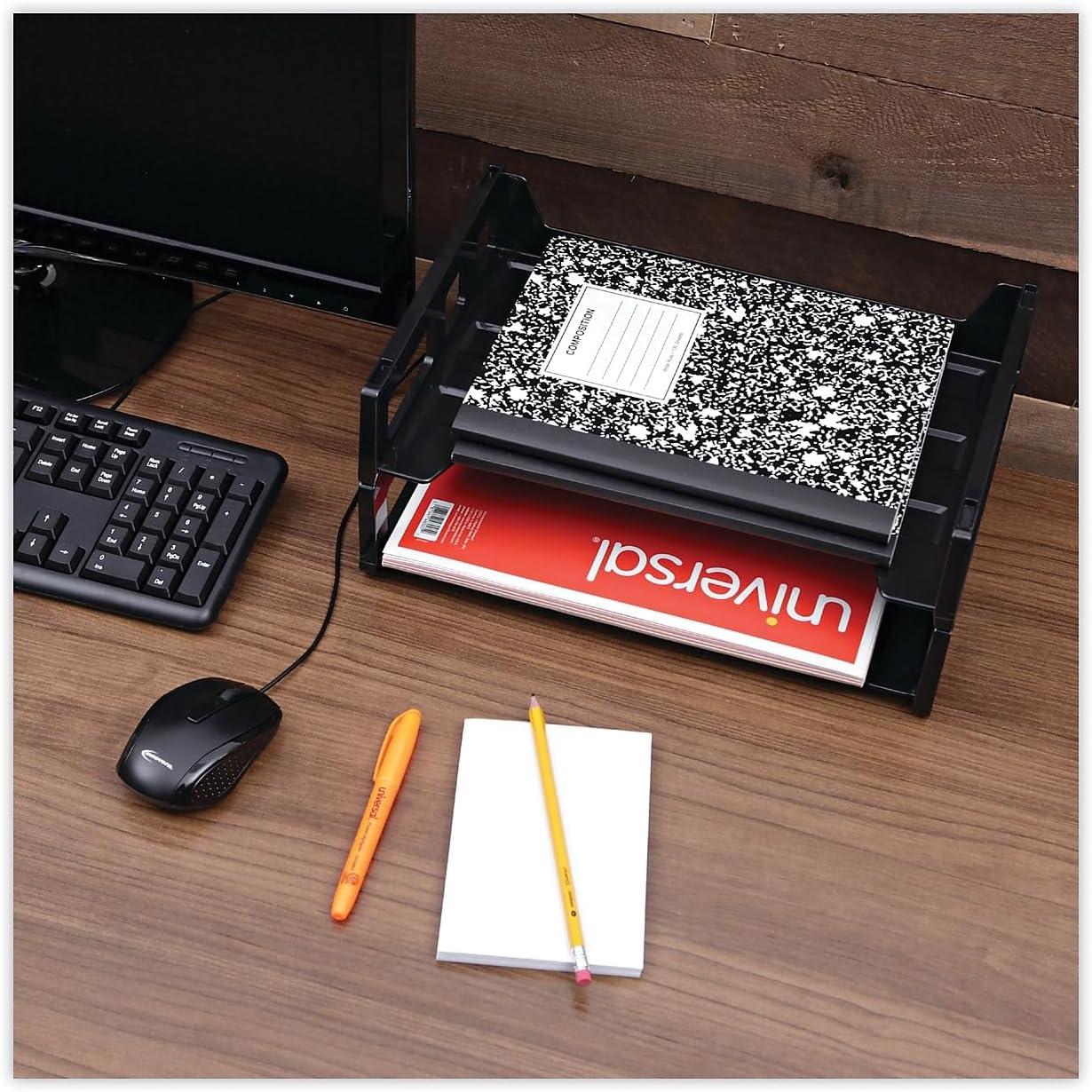 2 PK,Universal Recycled Plastic Side Load Desk Trays, 2 Sections, Letter Size Files, 13" x 9" x 2.75", Black (08100)