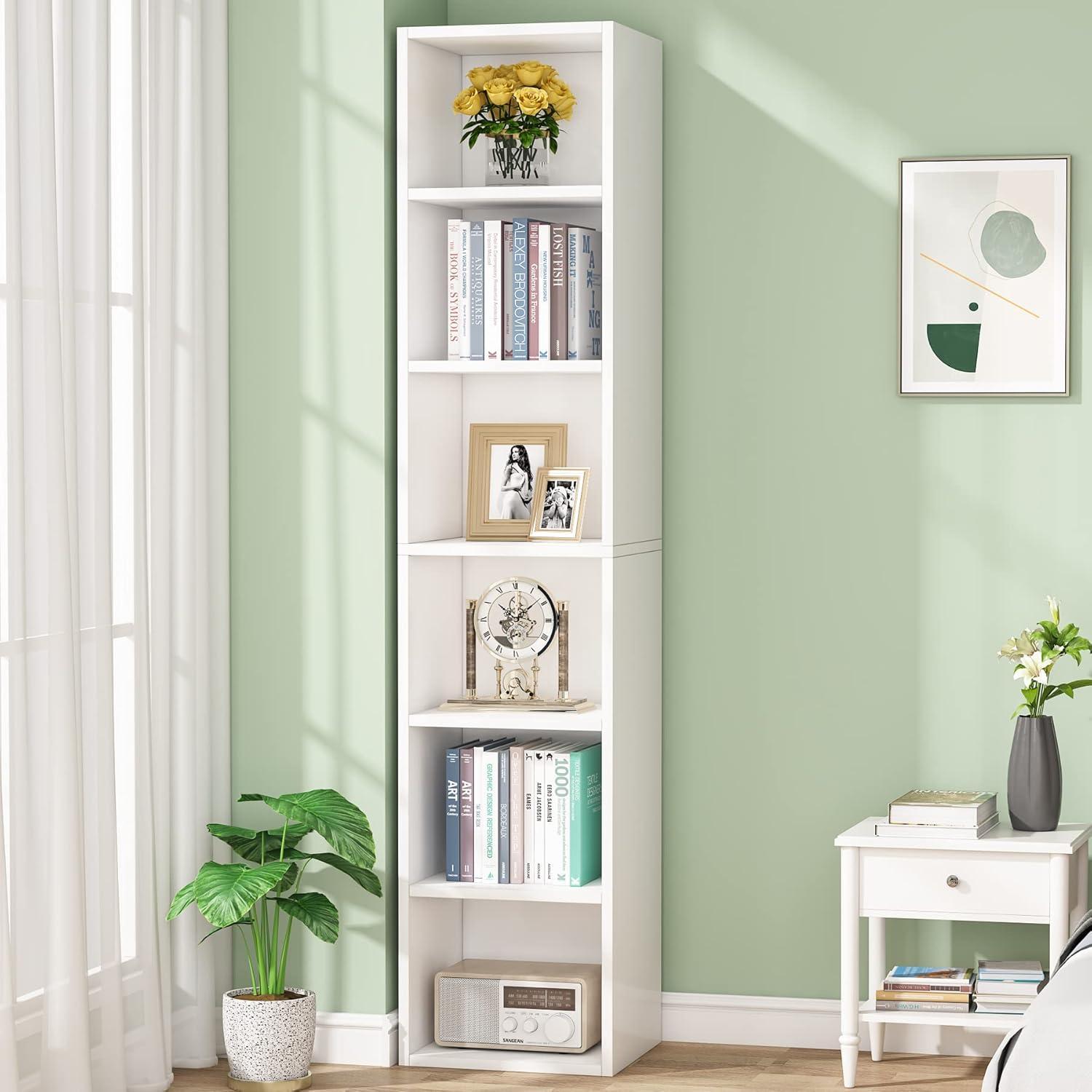 Modern White Tall Corner Bookcase with 6 Cube Shelves